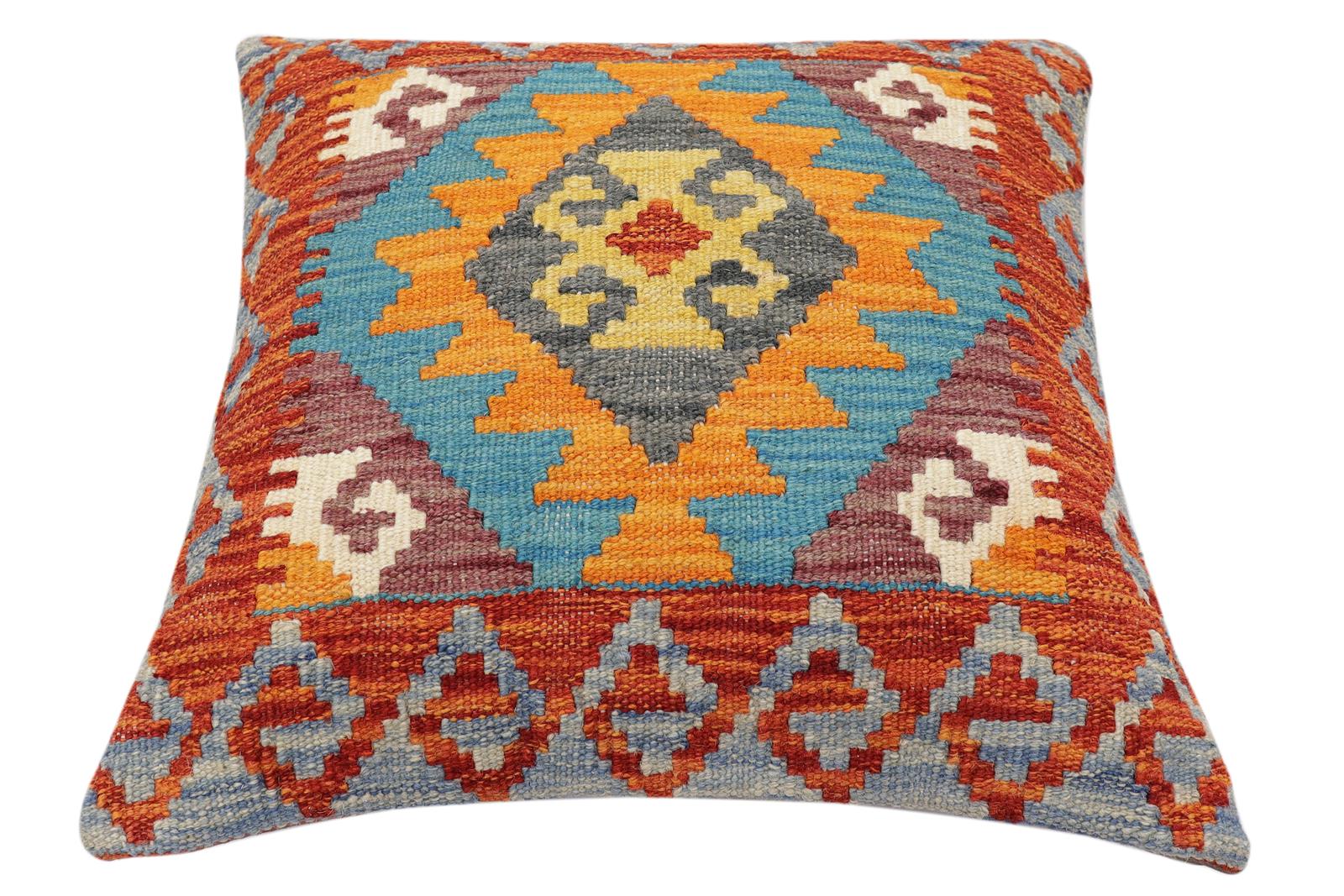 handmade Traditional Pillow Rust Blue Hand-Woven SQUARE 100% WOOL Hand woven turkish pillow2 x 2