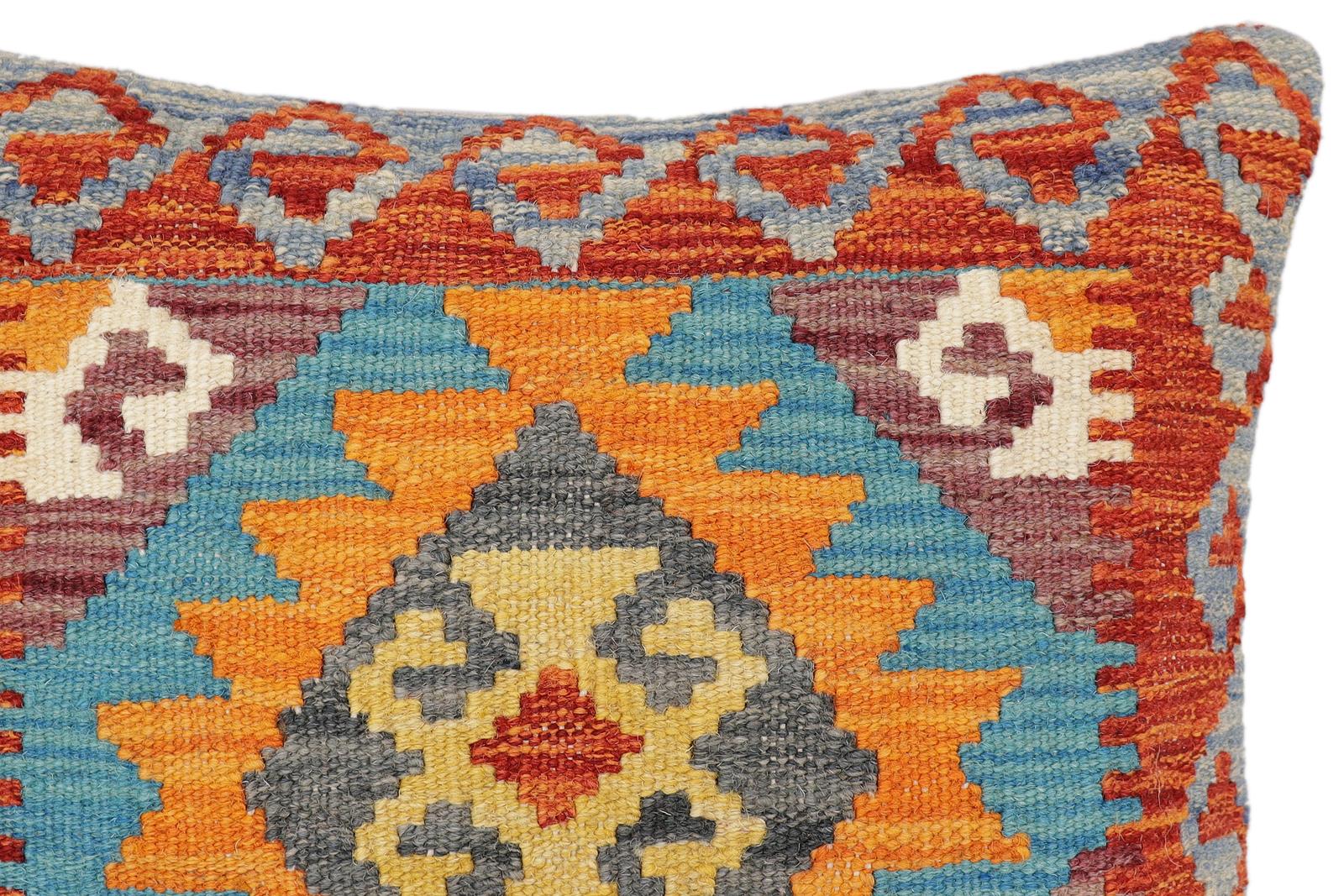 handmade Traditional Pillow Rust Blue Hand-Woven SQUARE 100% WOOL Hand woven turkish pillow2 x 2