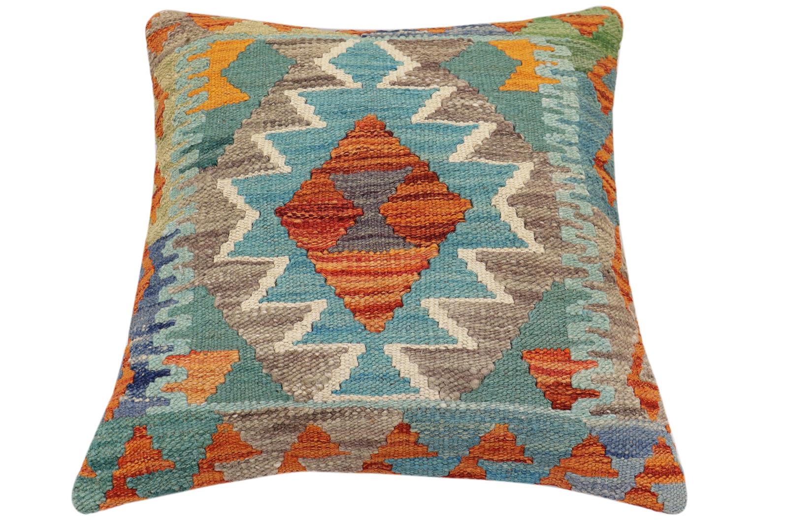 handmade Traditional Pillow Rust Blue Hand-Woven SQUARE 100% WOOL Hand woven turkish pillow2 x 2