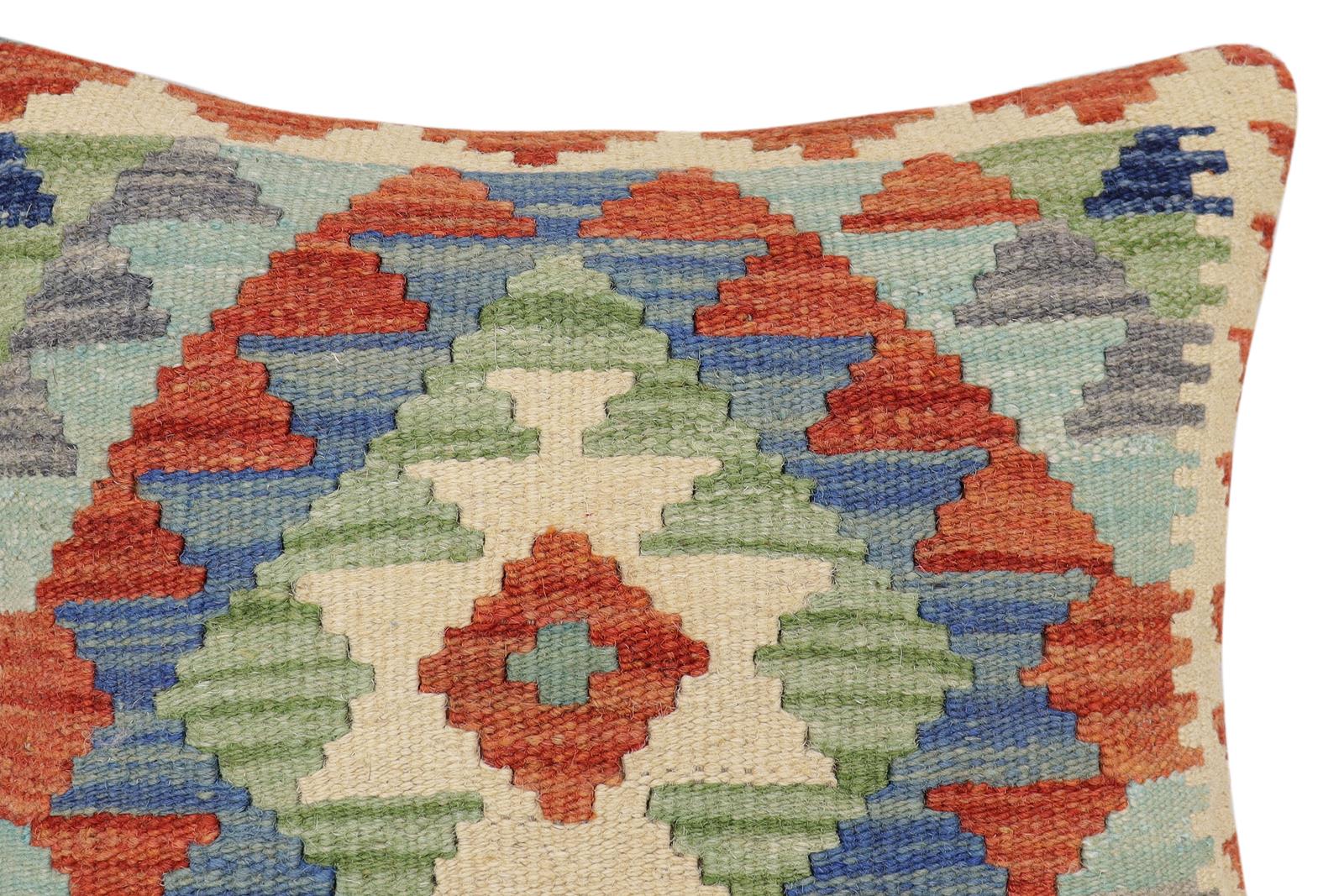 handmade Traditional Pillow Rust Blue Hand-Woven SQUARE 100% WOOL  Hand woven turkish pillow  2 x 2