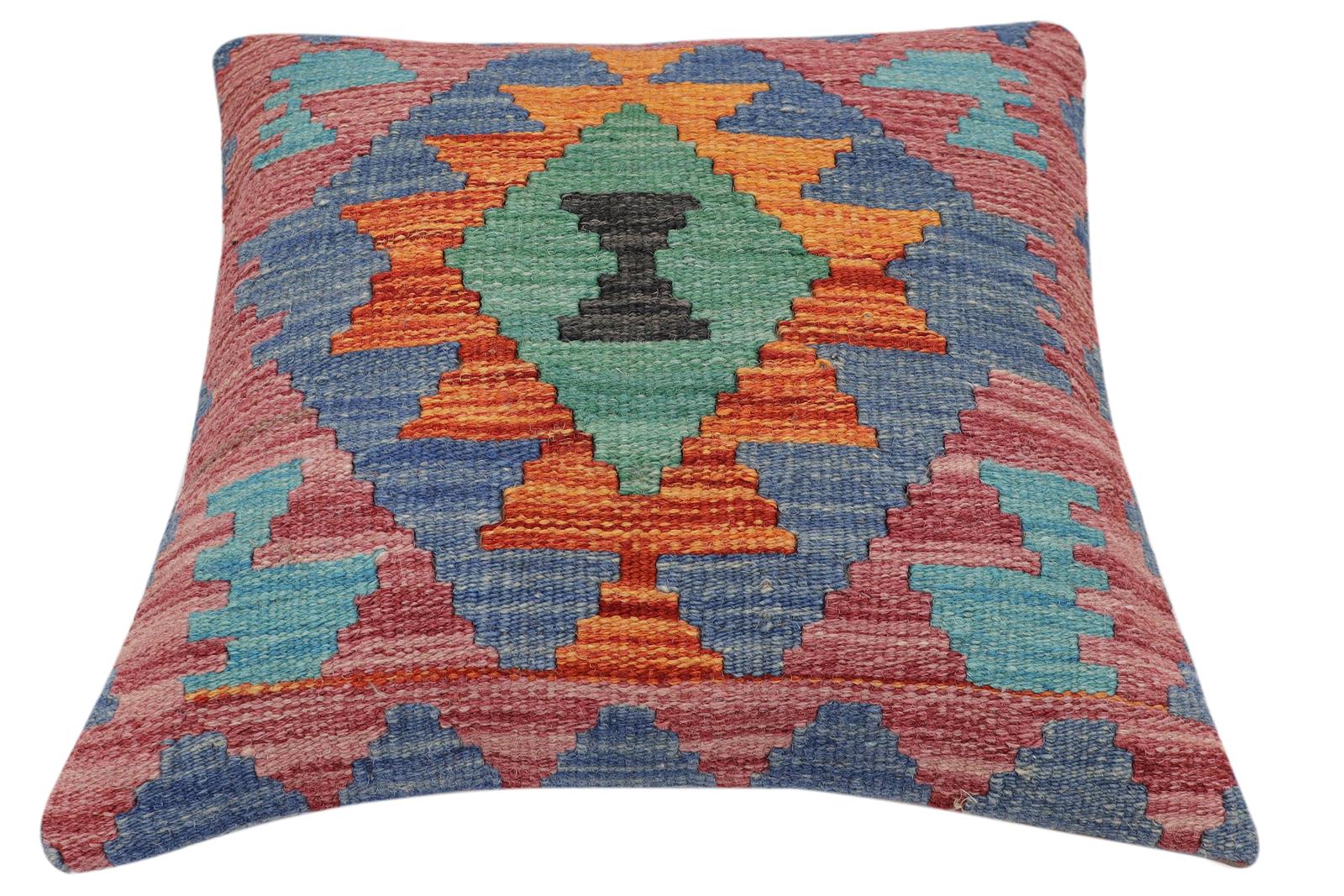 handmade Traditional Pillow Rust Blue Hand-Woven SQUARE 100% WOOL Hand woven turkish pillow2 x 2