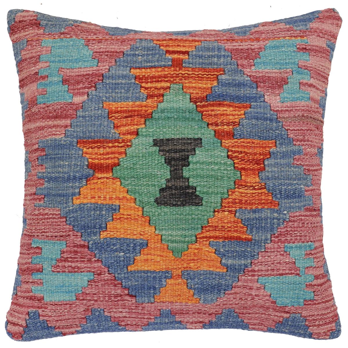 handmade Traditional Pillow Rust Blue Hand-Woven SQUARE 100% WOOL Hand woven turkish pillow2 x 2