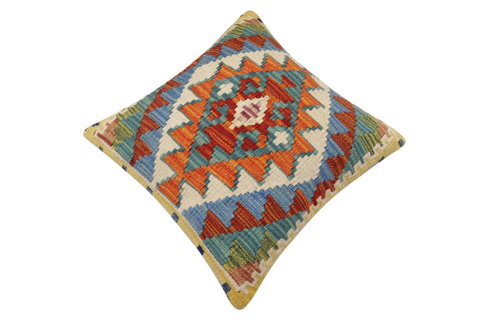 handmade Traditional Pillow Rust Blue Hand-Woven SQUARE 100% WOOL Hand woven turkish pillow2 x 2