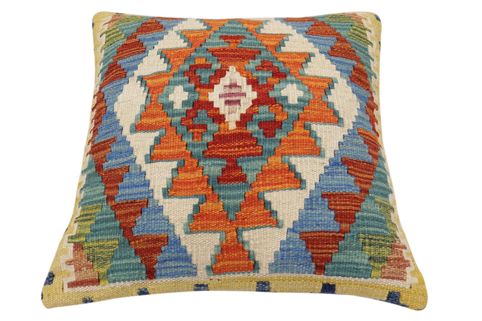 handmade Traditional Pillow Rust Blue Hand-Woven SQUARE 100% WOOL Hand woven turkish pillow2 x 2