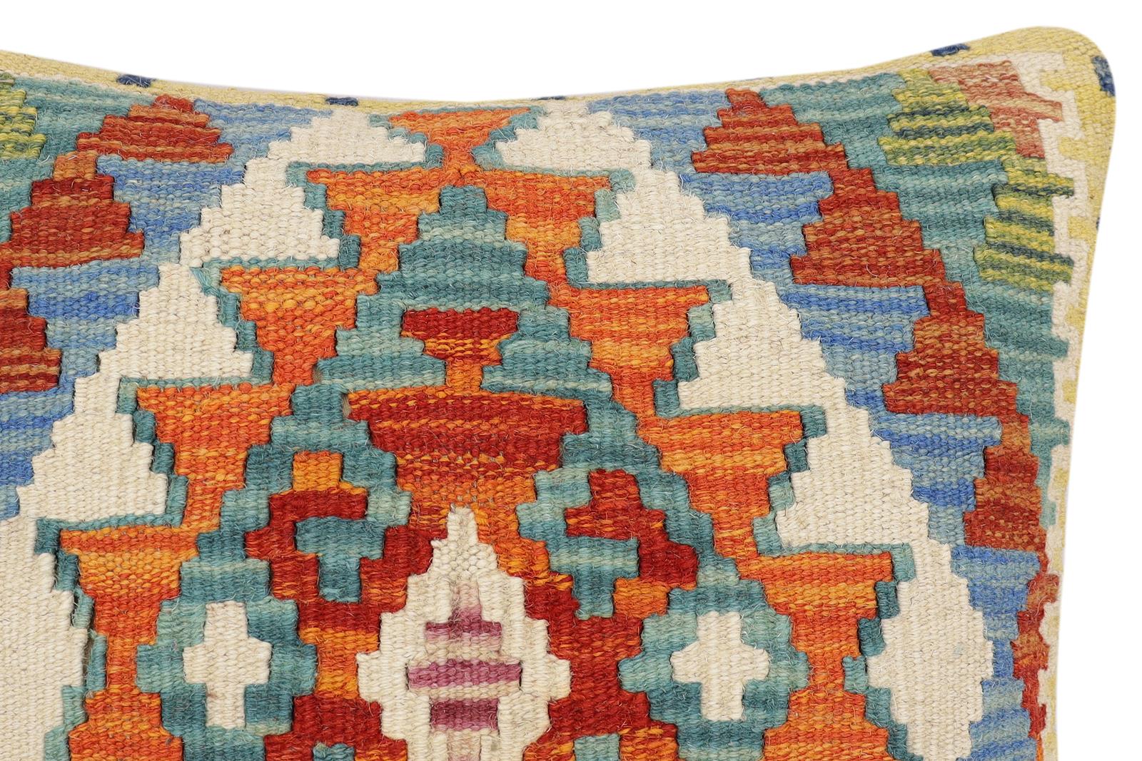 handmade Traditional Pillow Rust Blue Hand-Woven SQUARE 100% WOOL Hand woven turkish pillow2 x 2