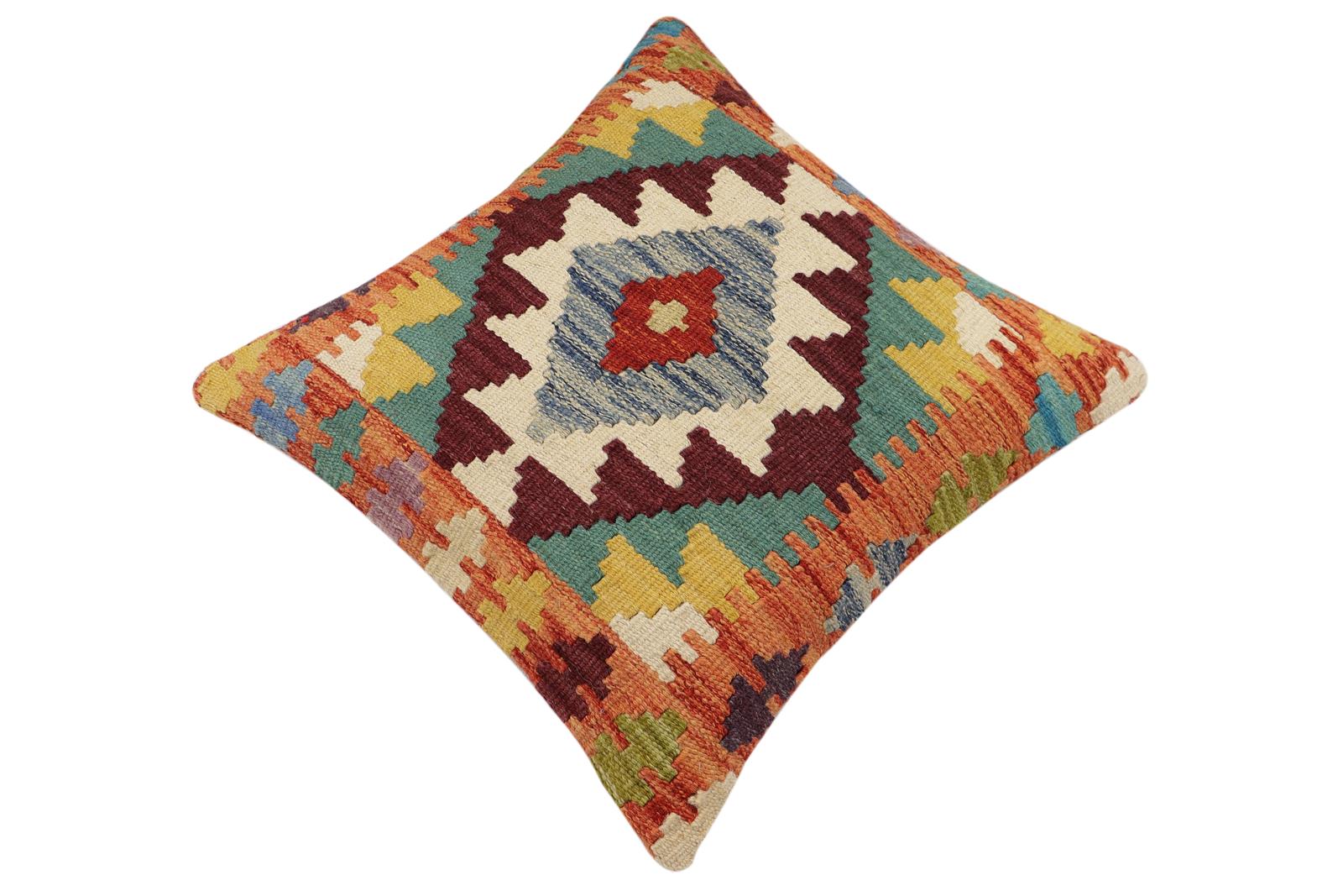 handmade Traditional Pillow Rust Blue Hand-Woven SQUARE 100% WOOL Hand woven turkish pillow2 x 2