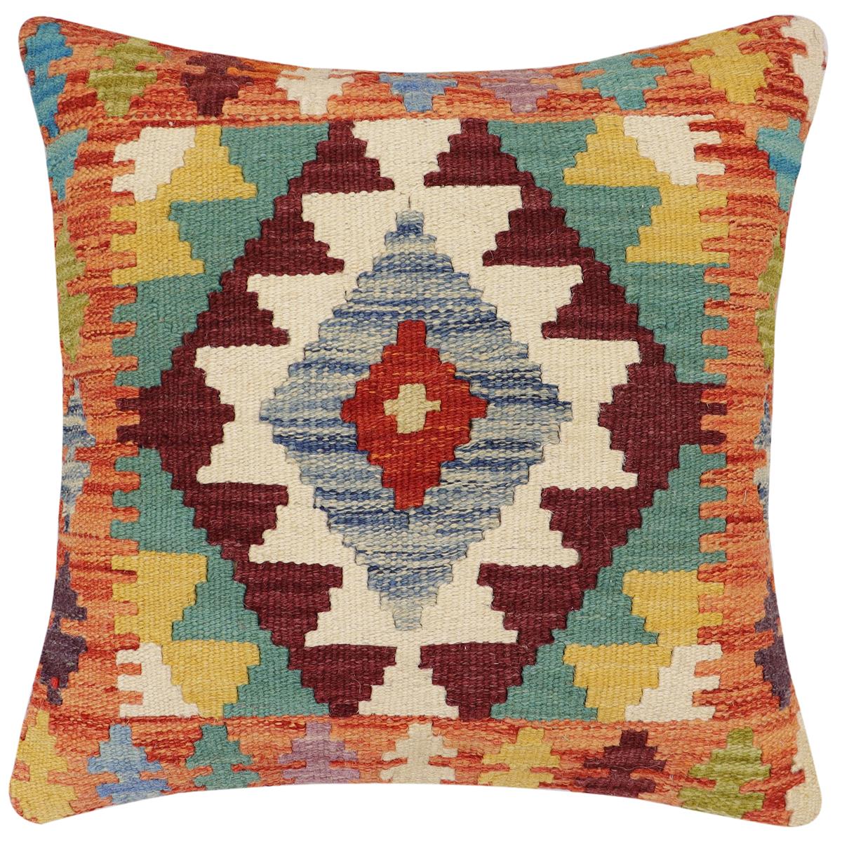 handmade Traditional Pillow Rust Blue Hand-Woven SQUARE 100% WOOL Hand woven turkish pillow2 x 2