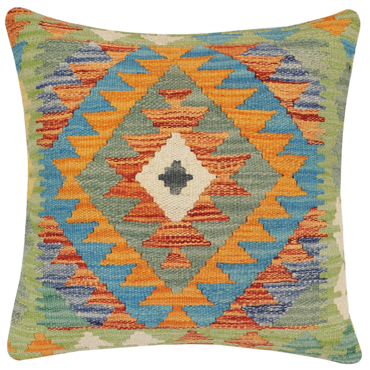 handmade Traditional Pillow Rust Blue Hand-Woven SQUARE 100% WOOL Hand woven turkish pillow2 x 2