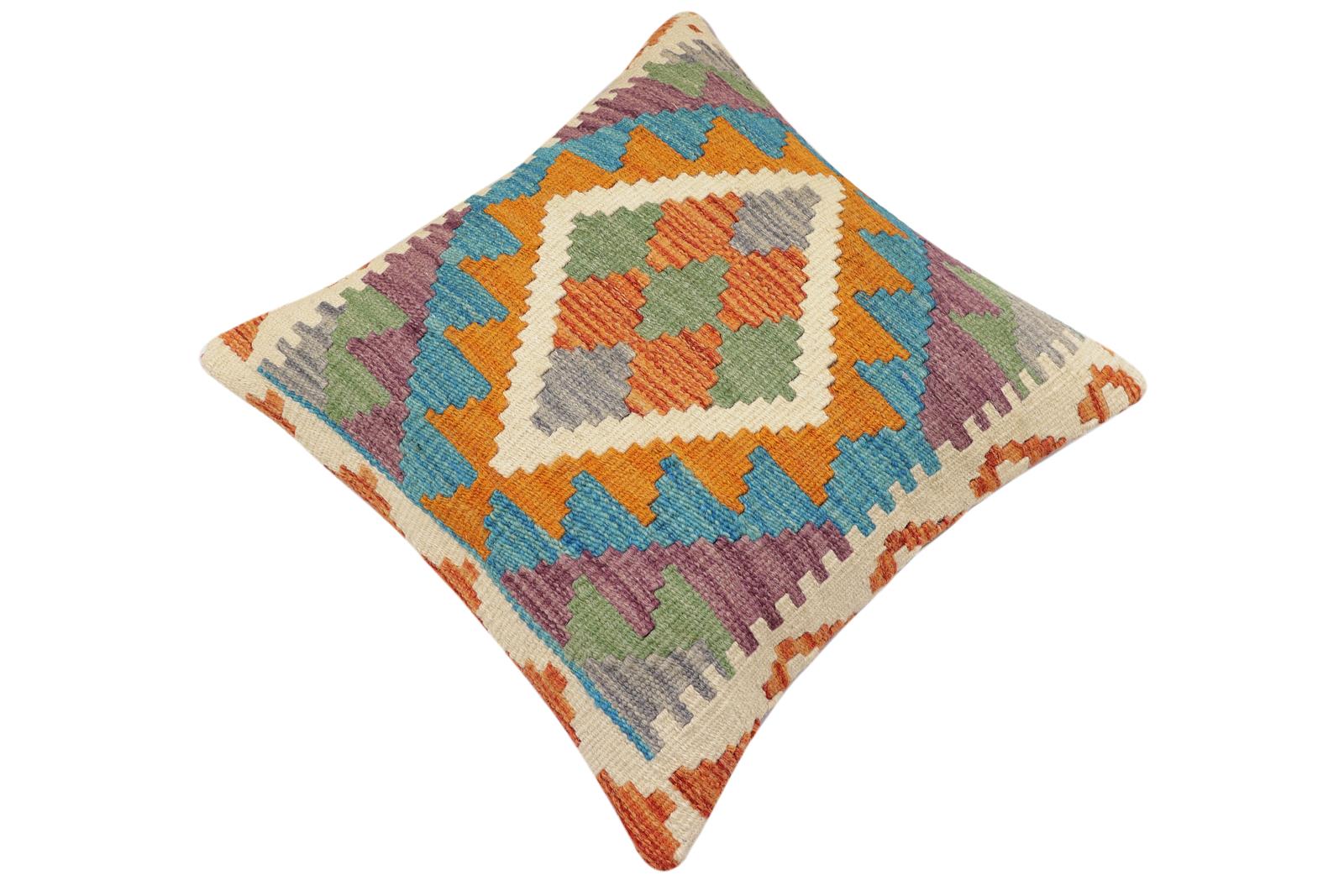 handmade Traditional Pillow Rust Blue Hand-Woven SQUARE 100% WOOL Hand woven turkish pillow2 x 2
