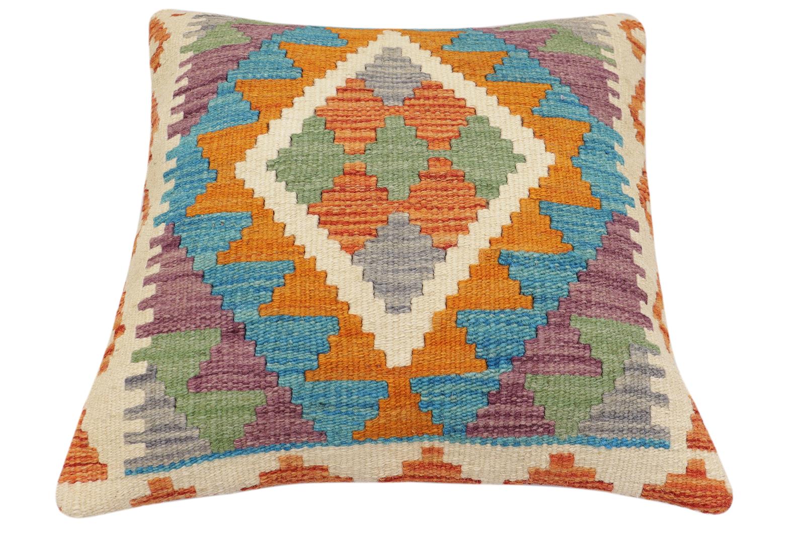 handmade Traditional Pillow Rust Blue Hand-Woven SQUARE 100% WOOL Hand woven turkish pillow2 x 2