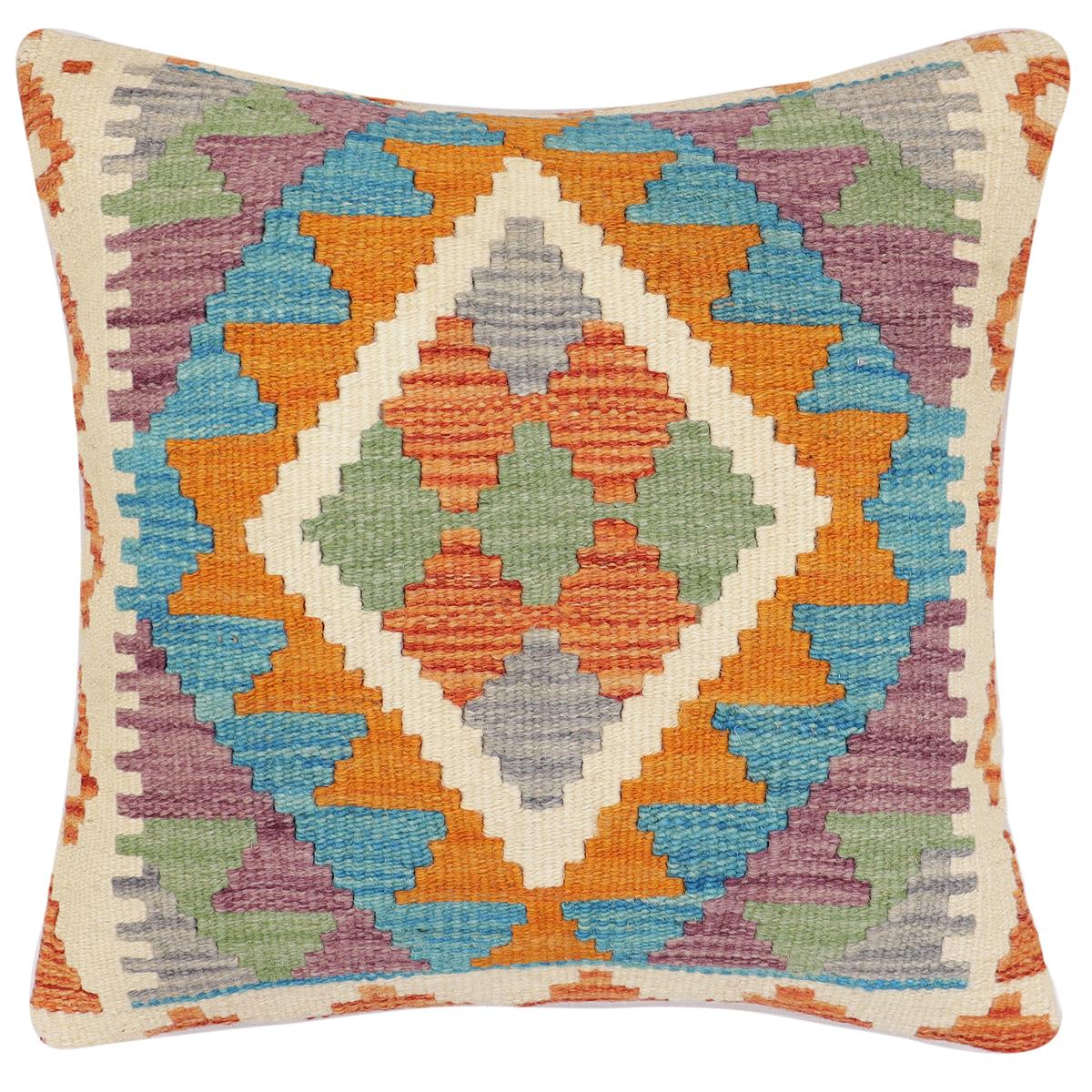 handmade Traditional Pillow Rust Blue Hand-Woven SQUARE 100% WOOL Hand woven turkish pillow2 x 2