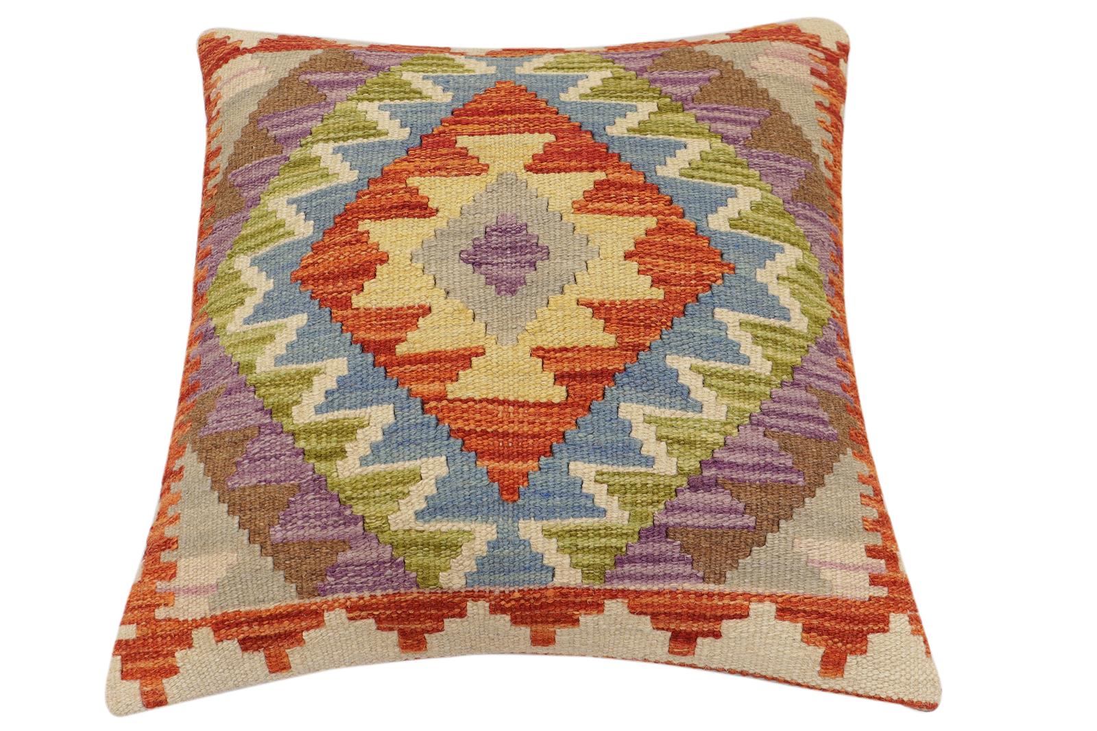handmade Traditional Pillow Rust Blue Hand-Woven SQUARE 100% WOOL Hand woven turkish pillow2 x 2