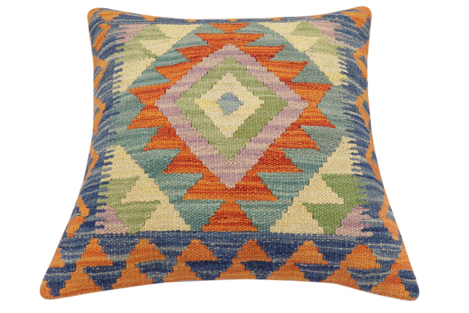 handmade Traditional Pillow Rust Blue Hand-Woven SQUARE 100% WOOL Hand woven turkish pillow2 x 2