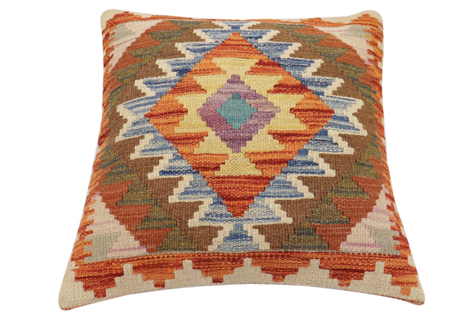 handmade Traditional Pillow Rust Blue Hand-Woven SQUARE 100% WOOL Hand woven turkish pillow2 x 2