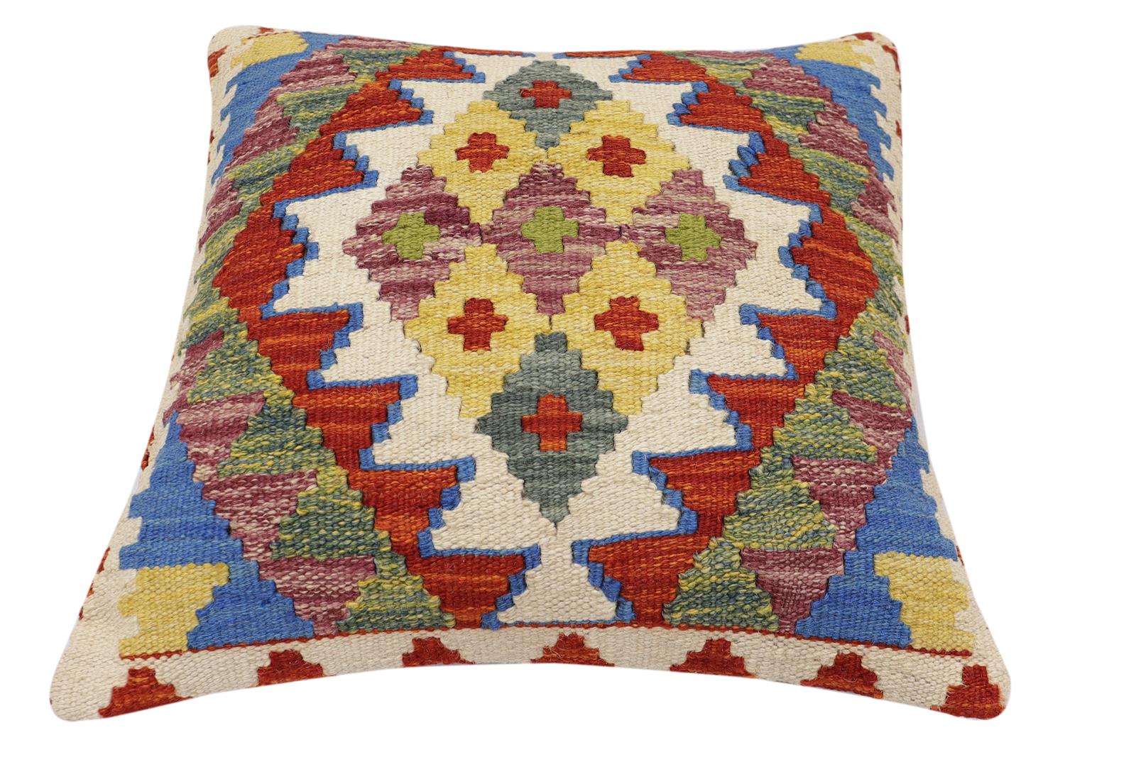 handmade Traditional Pillow Rust Blue Hand-Woven SQUARE 100% WOOL Hand woven turkish pillow2 x 2