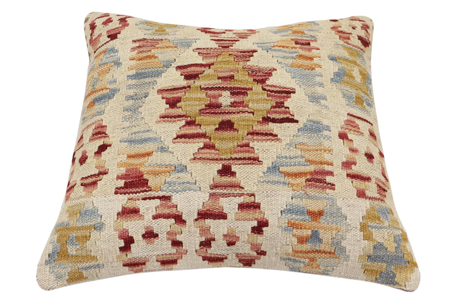 handmade Traditional Pillow Red Beige Hand-Woven SQUARE 100% WOOL  Hand woven turkish pillow  2 x 2