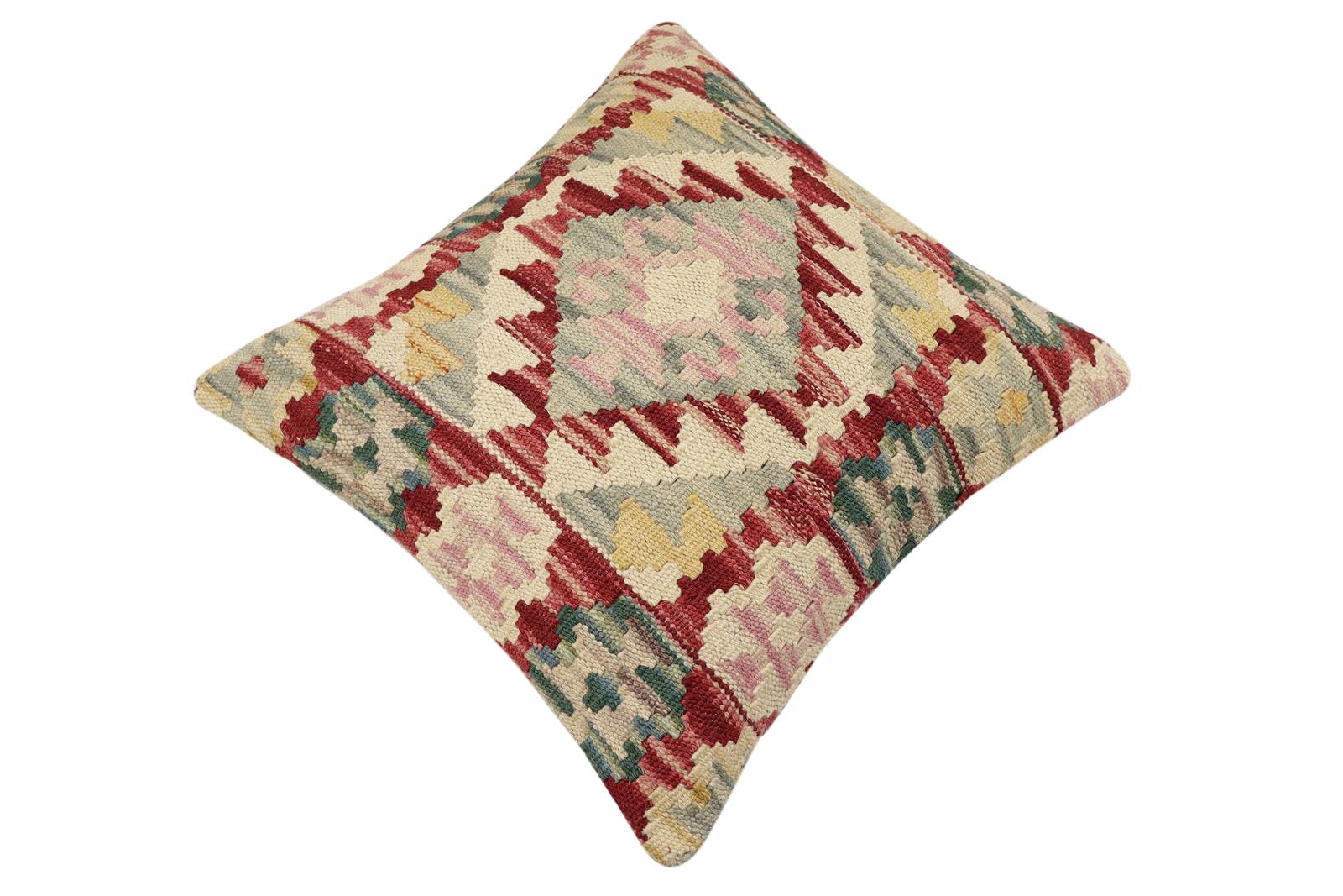 handmade Traditional Pillow Red Beige Hand-Woven SQUARE 100% WOOL Hand woven turkish pillow2 x 2