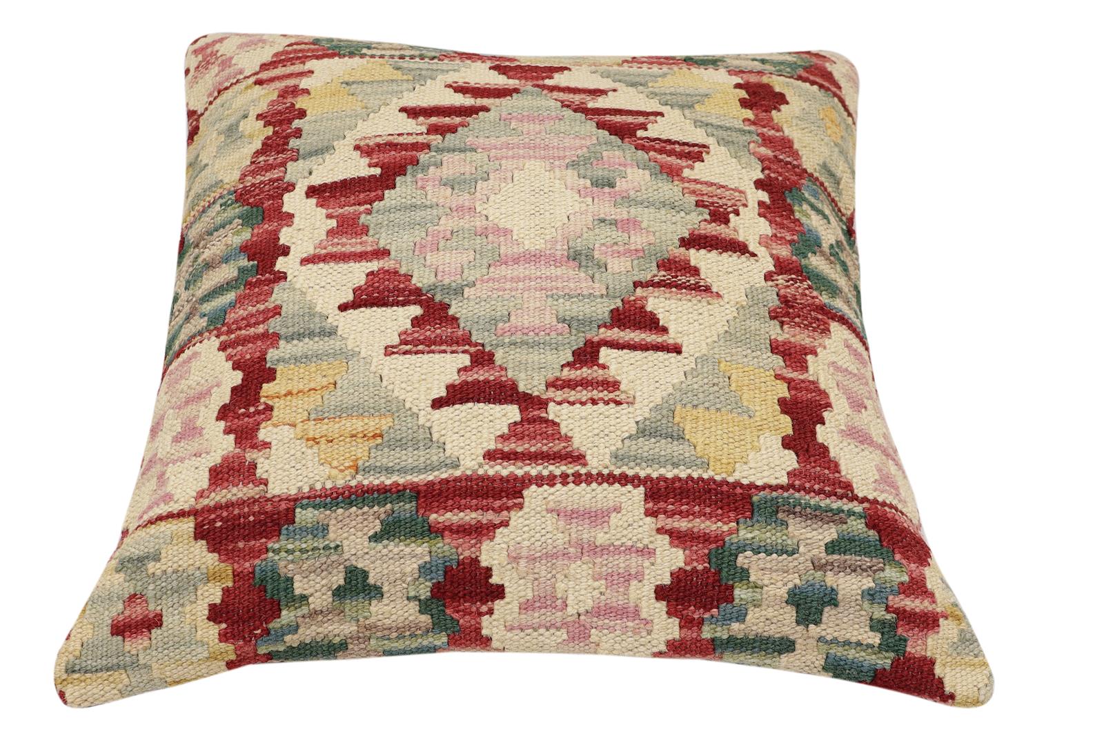 handmade Traditional Pillow Red Beige Hand-Woven SQUARE 100% WOOL Hand woven turkish pillow2 x 2