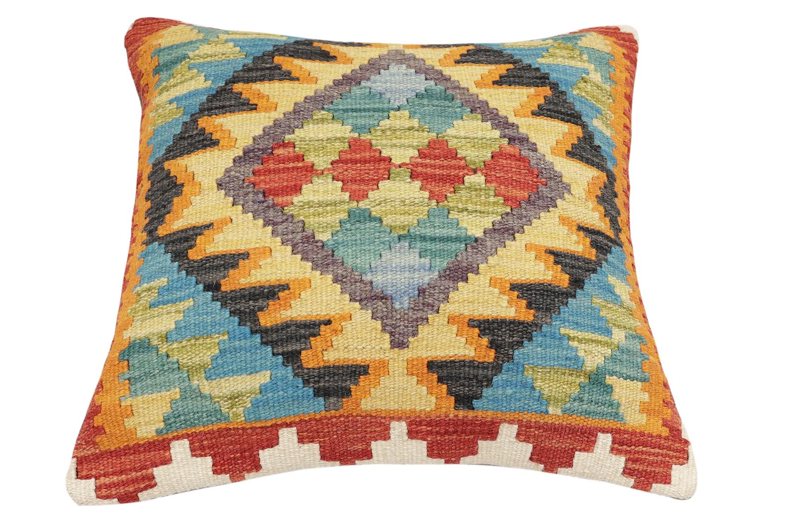 handmade Traditional Pillow Rust Blue Hand-Woven SQUARE 100% WOOL Hand woven turkish pillow2 x 2