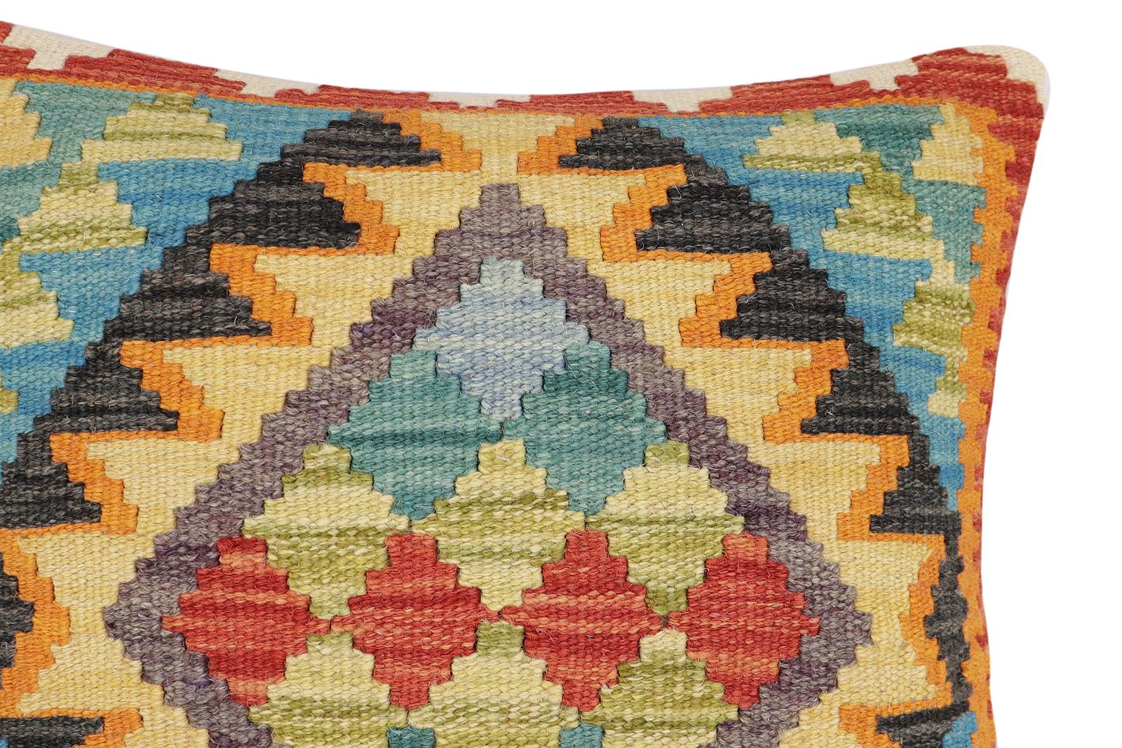 handmade Traditional Pillow Rust Blue Hand-Woven SQUARE 100% WOOL Hand woven turkish pillow2 x 2