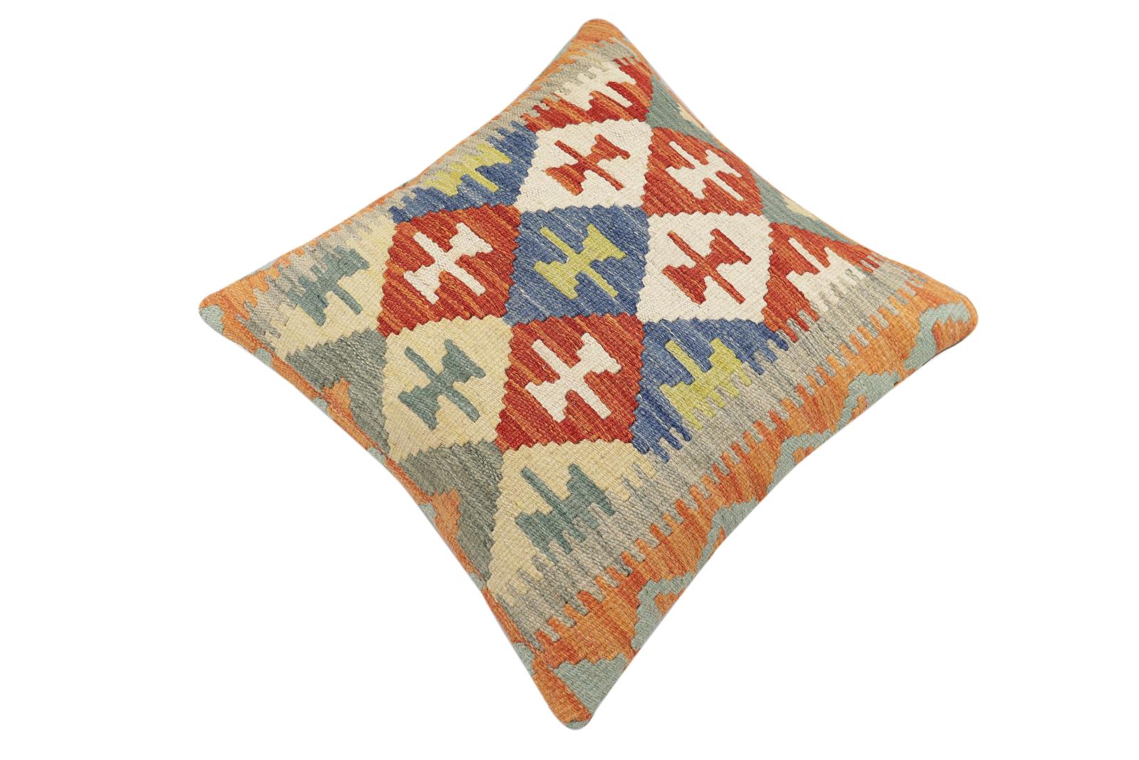 handmade Traditional Pillow Rust Blue Hand-Woven SQUARE 100% WOOL  Hand woven turkish pillow  2 x 2