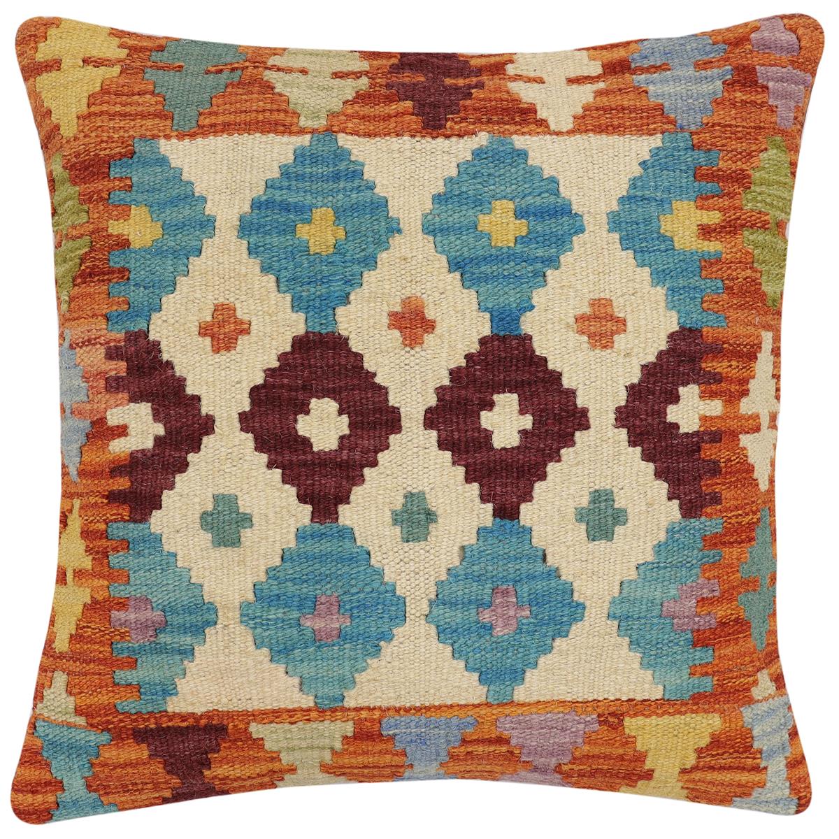 handmade Traditional Pillow Rust Blue Hand-Woven SQUARE 100% WOOL Hand woven turkish pillow2 x 2