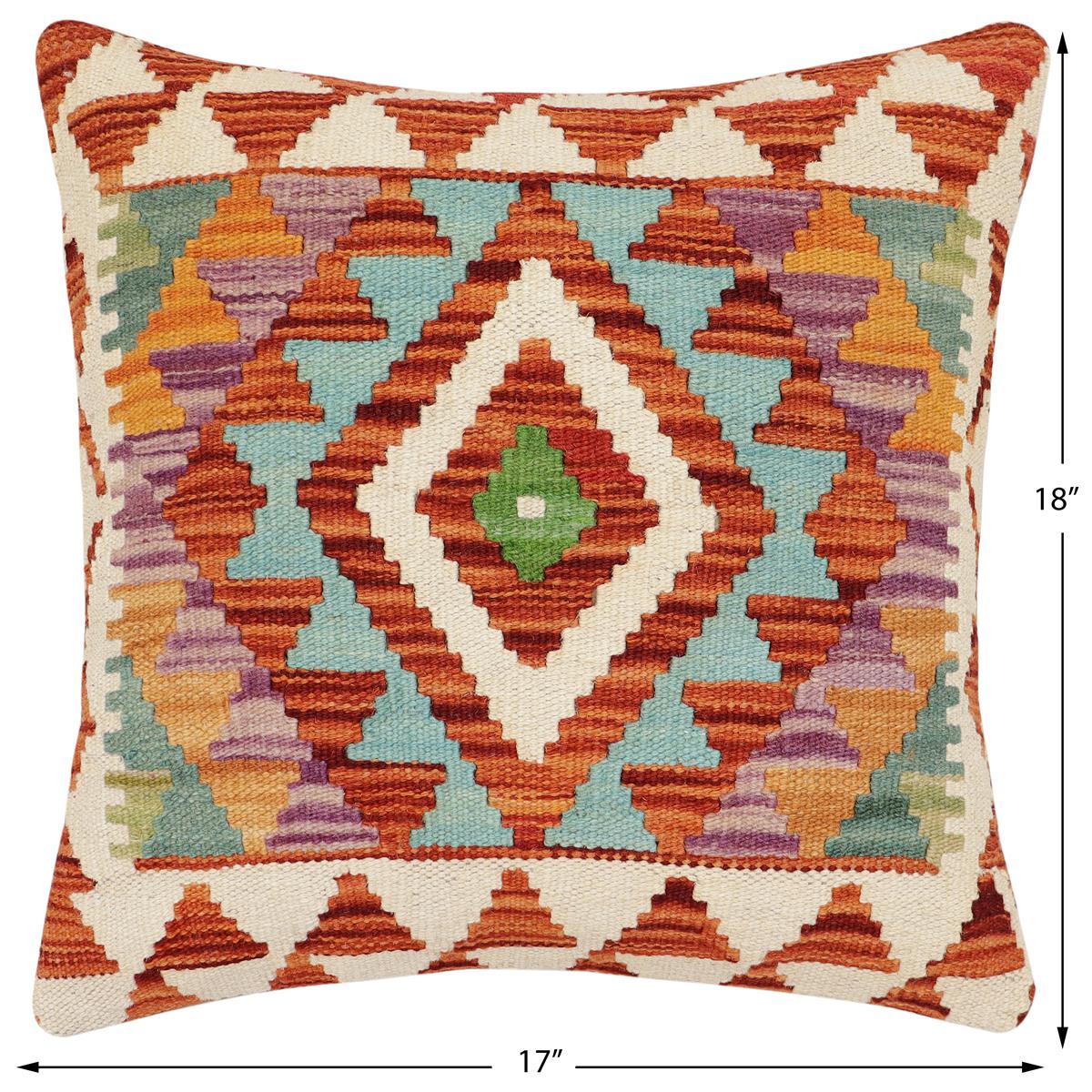 handmade Traditional Pillow Rust Blue Hand-Woven SQUARE 100% WOOL  Hand woven turkish pillow  2 x 2