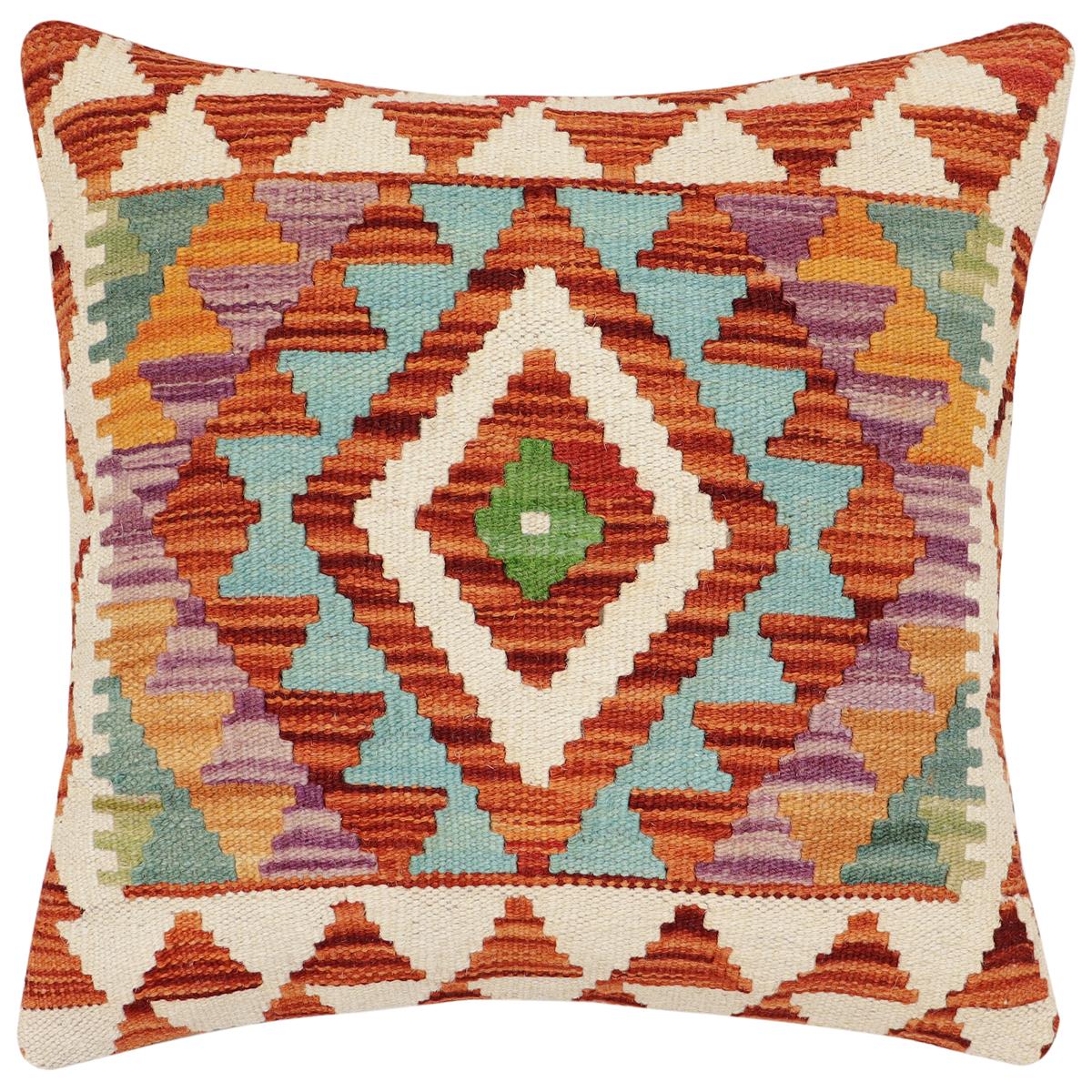 handmade Traditional Pillow Rust Blue Hand-Woven SQUARE 100% WOOL  Hand woven turkish pillow  2 x 2
