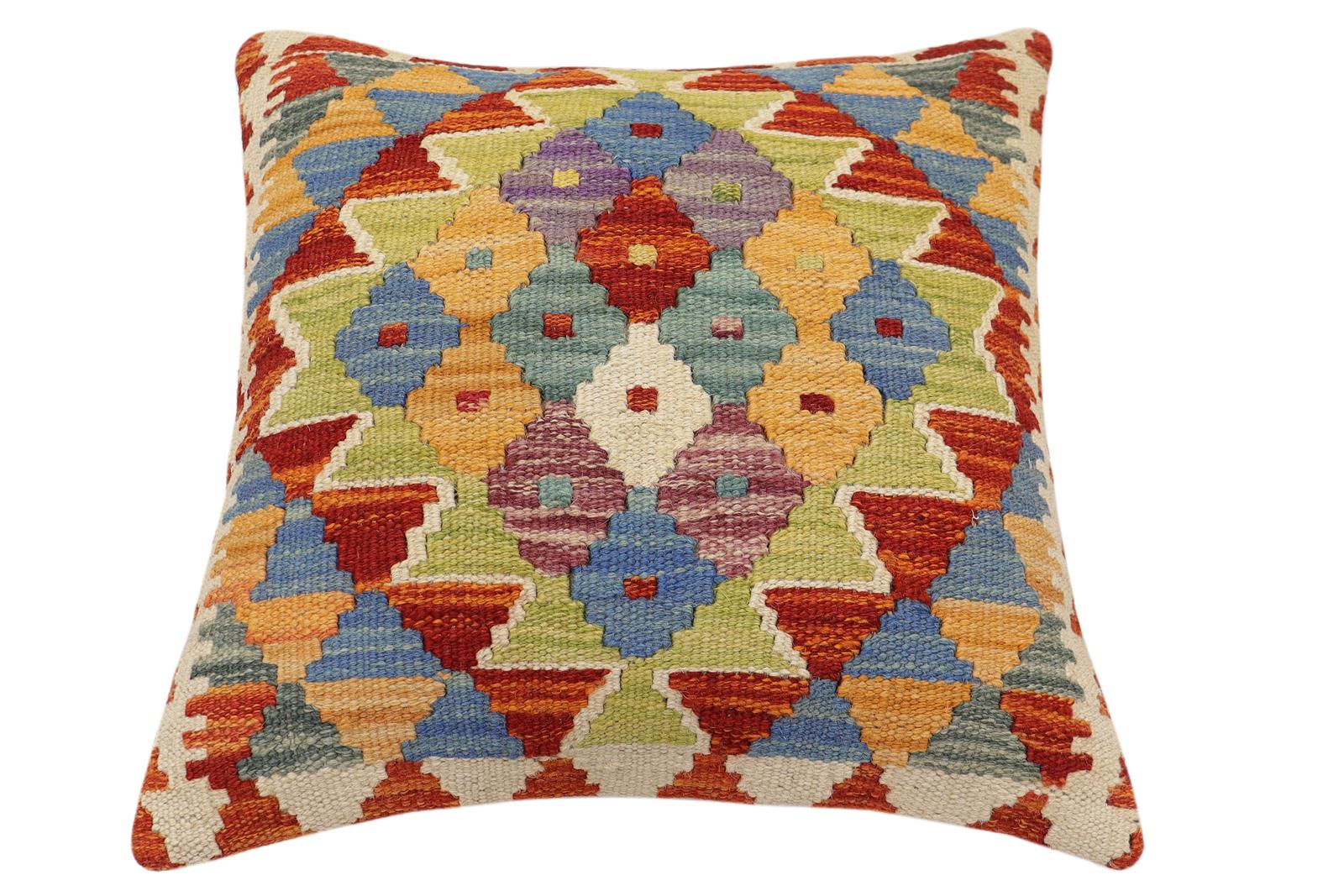 handmade Traditional Pillow Rust Blue Hand-Woven SQUARE 100% WOOL Hand woven turkish pillow2 x 2