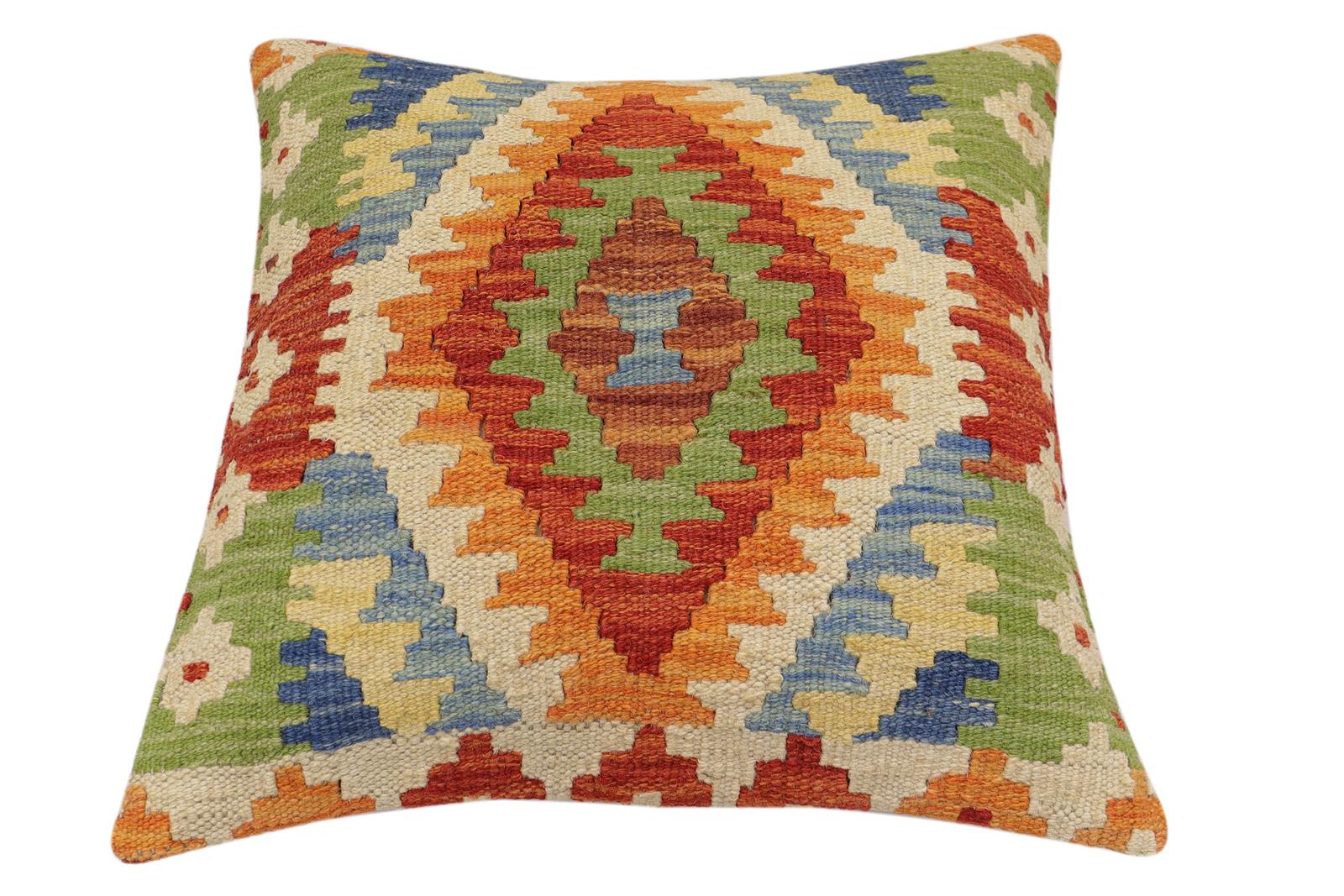 handmade Traditional Pillow Rust Blue Hand-Woven SQUARE 100% WOOL Hand woven turkish pillow2 x 2