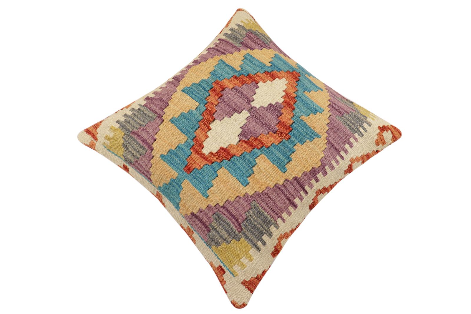 handmade Traditional Pillow Rust Blue Hand-Woven SQUARE 100% WOOL Hand woven turkish pillow2 x 2