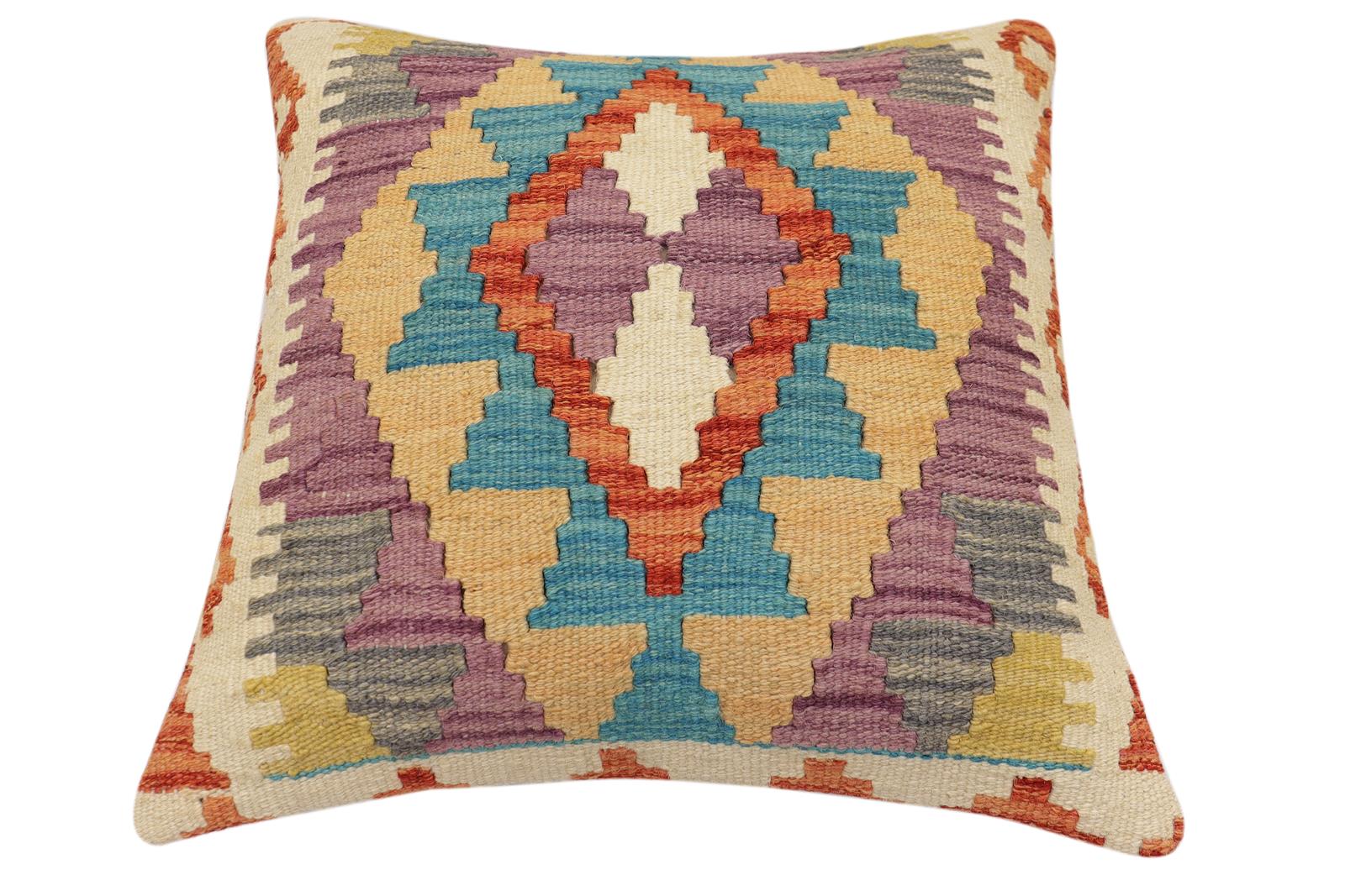 handmade Traditional Pillow Rust Blue Hand-Woven SQUARE 100% WOOL Hand woven turkish pillow2 x 2