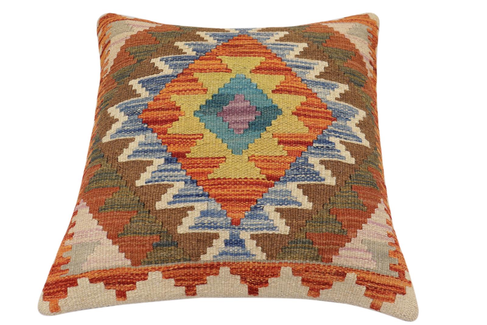 handmade Traditional Pillow Rust Blue Hand-Woven SQUARE 100% WOOL Hand woven turkish pillow2 x 2