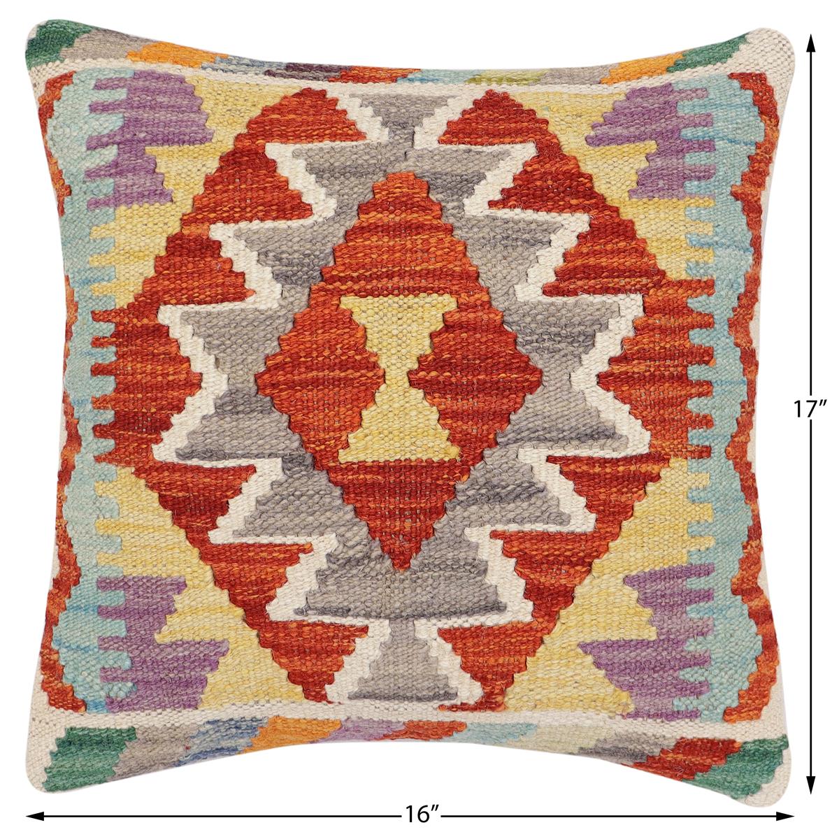 handmade Traditional Pillow Rust Blue Hand-Woven SQUARE 100% WOOL  Hand woven turkish pillow  2 x 2