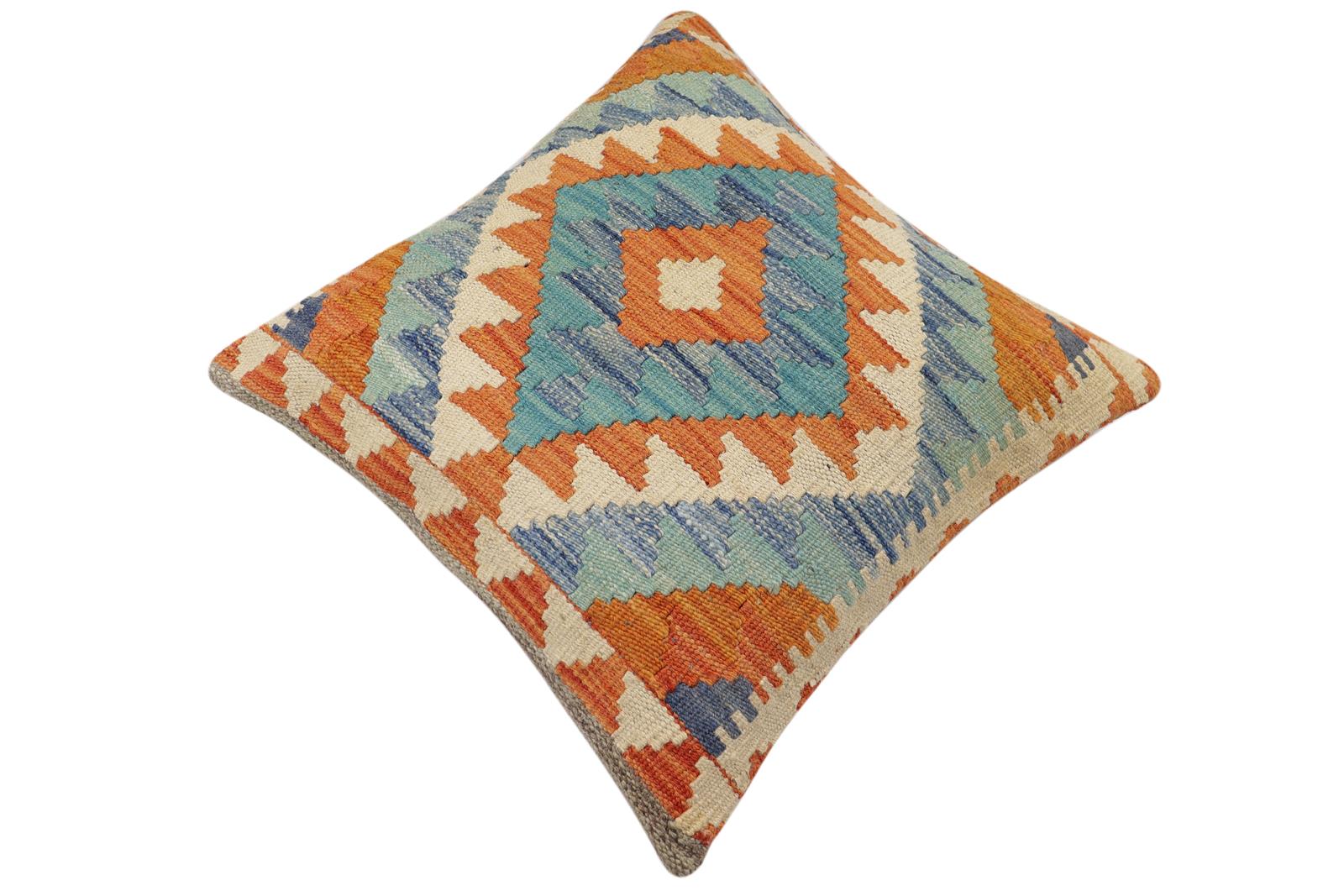 handmade Traditional Pillow Rust Blue Hand-Woven SQUARE 100% WOOL Hand woven turkish pillow2 x 2
