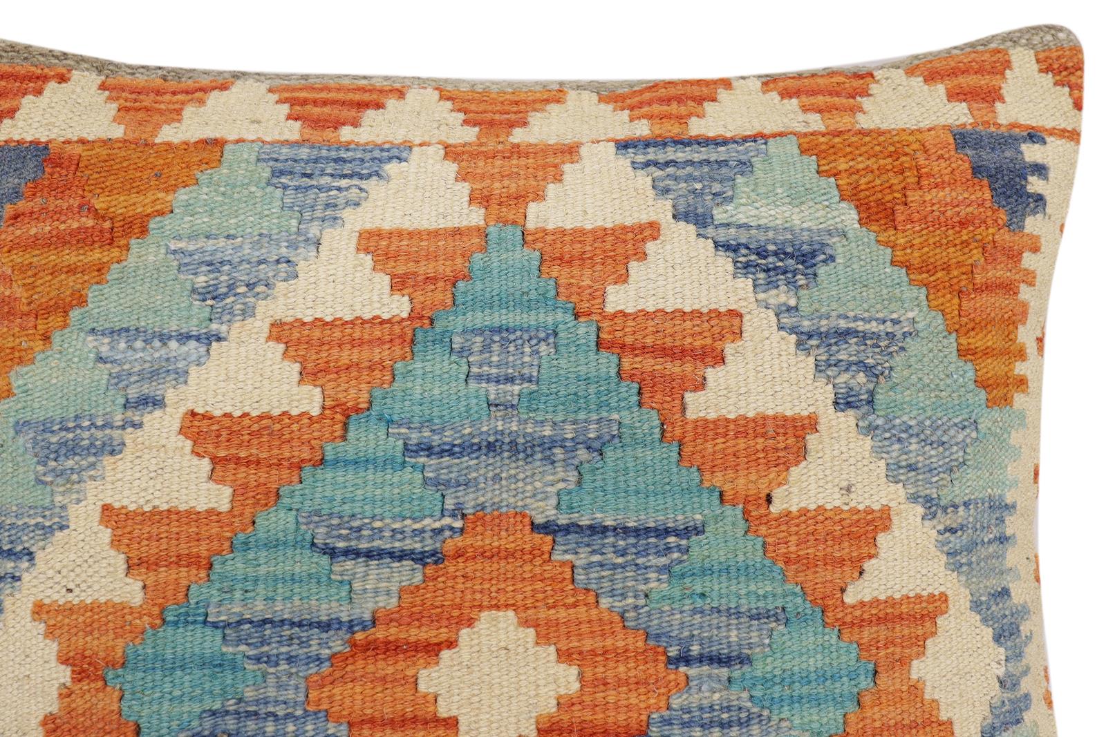 handmade Traditional Pillow Rust Blue Hand-Woven SQUARE 100% WOOL Hand woven turkish pillow2 x 2