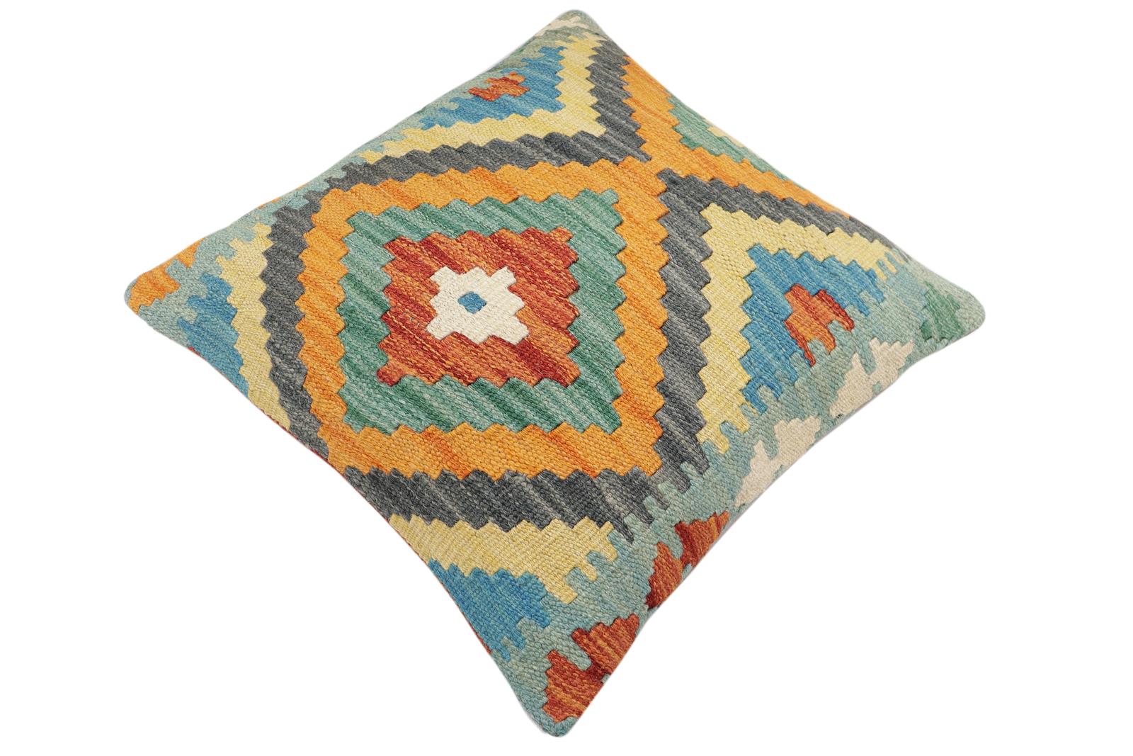 handmade Traditional Pillow Rust Blue Hand-Woven SQUARE 100% WOOL Hand woven turkish pillow2 x 2