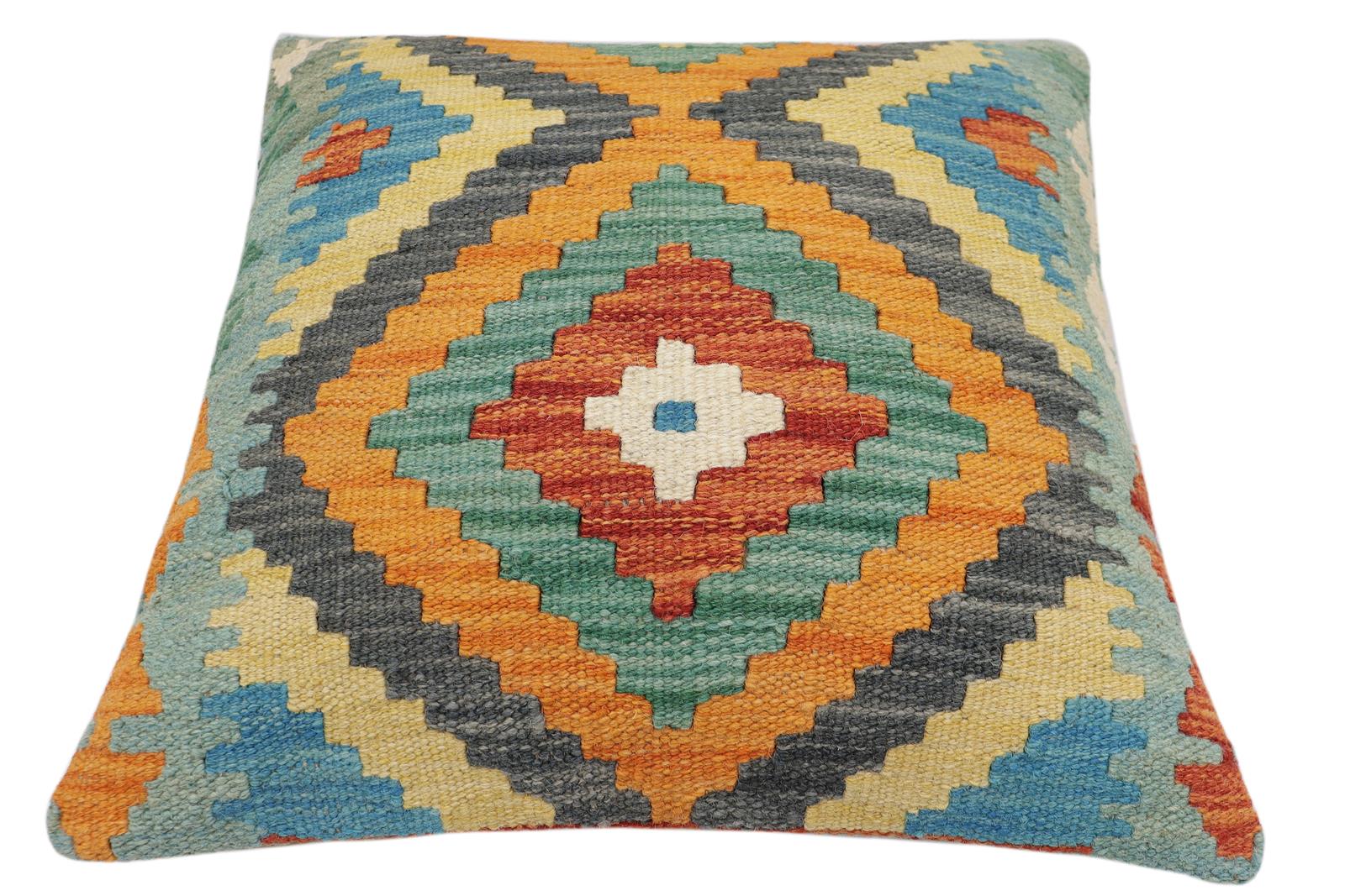 handmade Traditional Pillow Rust Blue Hand-Woven SQUARE 100% WOOL Hand woven turkish pillow2 x 2