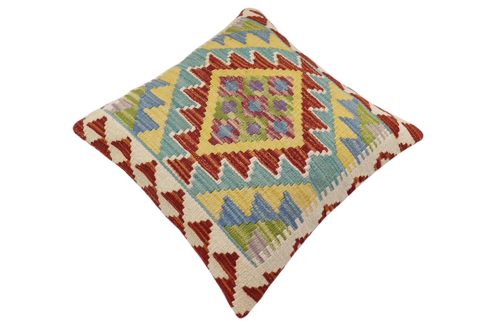 handmade Traditional Pillow Rust Blue Hand-Woven SQUARE 100% WOOL Hand woven turkish pillow2 x 2