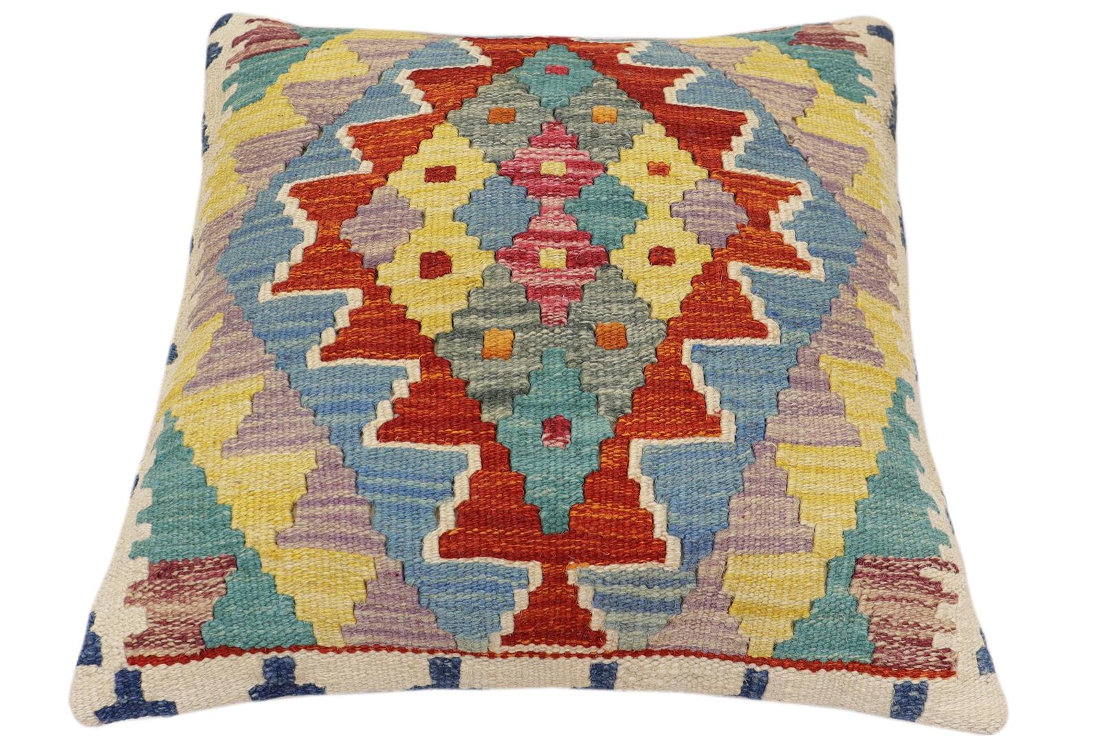 handmade Traditional Pillow Rust Blue Hand-Woven SQUARE 100% WOOL Hand woven turkish pillow2 x 2