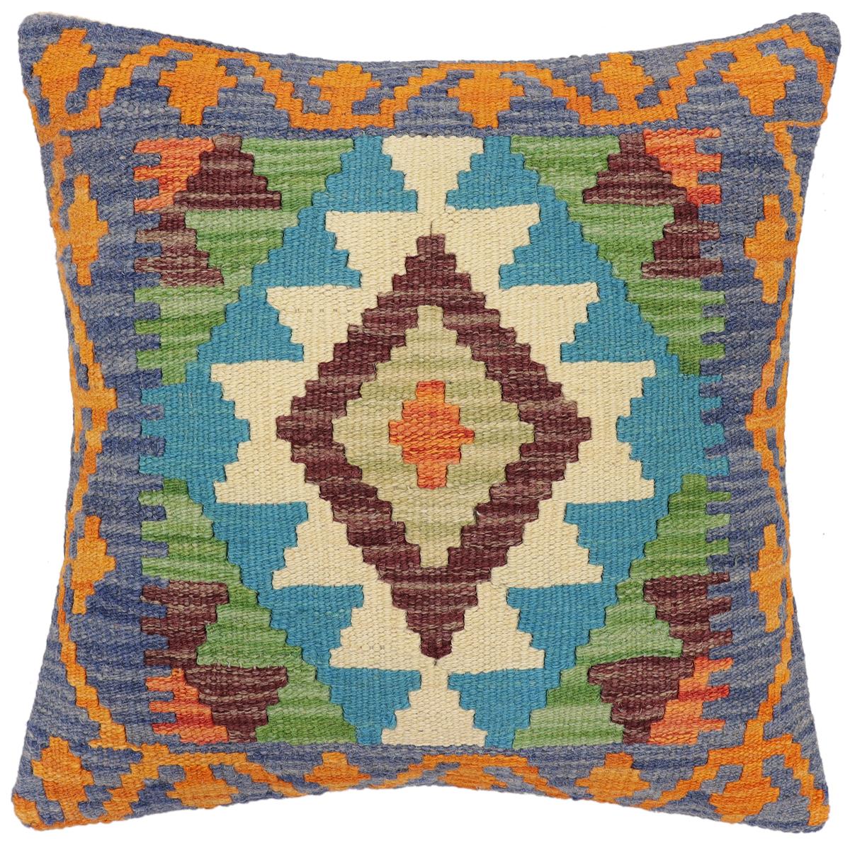 handmade Traditional Pillow Blue Rust Hand-Woven SQUARE 100% WOOL Hand woven turkish pillow2 x 2