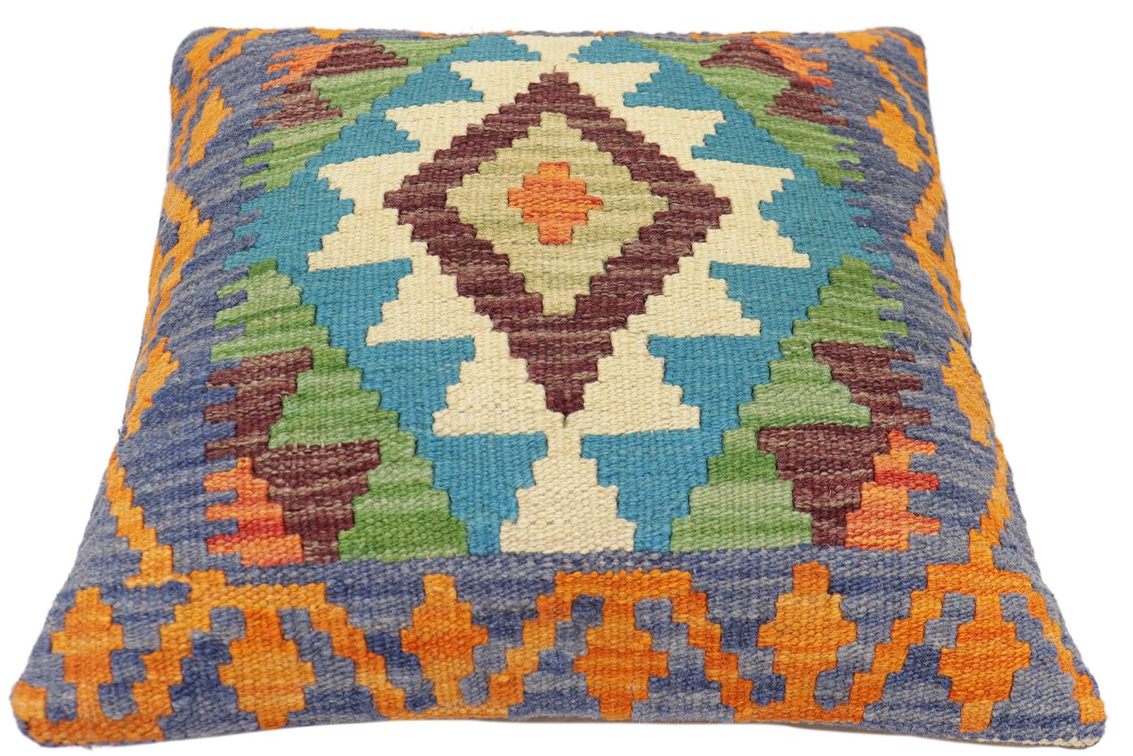 handmade Traditional Pillow Blue Rust Hand-Woven SQUARE 100% WOOL Hand woven turkish pillow2 x 2