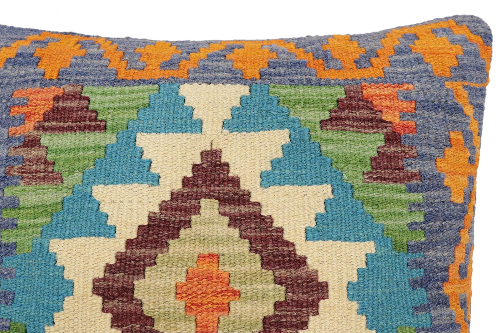 handmade Traditional Pillow Blue Rust Hand-Woven SQUARE 100% WOOL Hand woven turkish pillow2 x 2