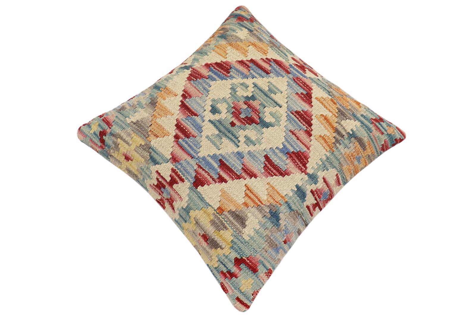 handmade Traditional Pillow Red Blue Hand-Woven SQUARE 100% WOOL Hand woven turkish pillow2 x 2