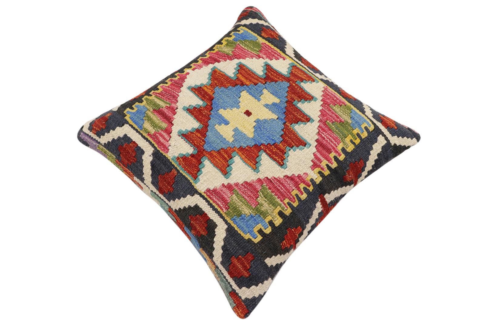 handmade Traditional Pillow Rust Blue Hand-Woven SQUARE 100% WOOL Hand woven turkish pillow2 x 2