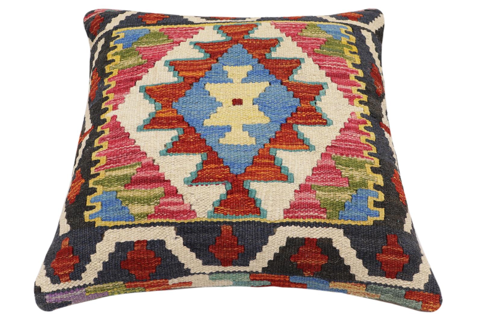 handmade Traditional Pillow Rust Blue Hand-Woven SQUARE 100% WOOL Hand woven turkish pillow2 x 2