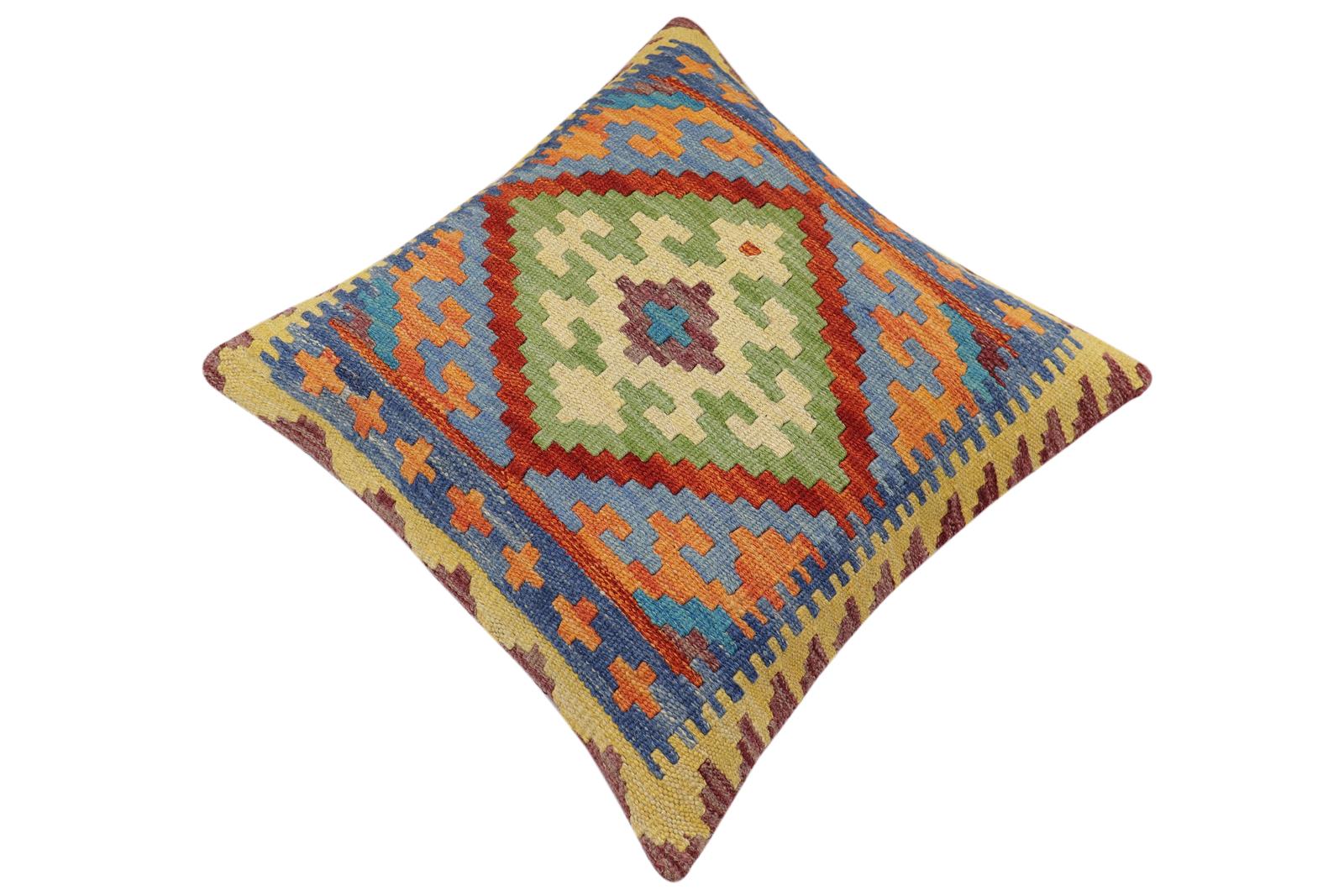 handmade Traditional Pillow Rust Blue Hand-Woven SQUARE 100% WOOL Hand woven turkish pillow2 x 2