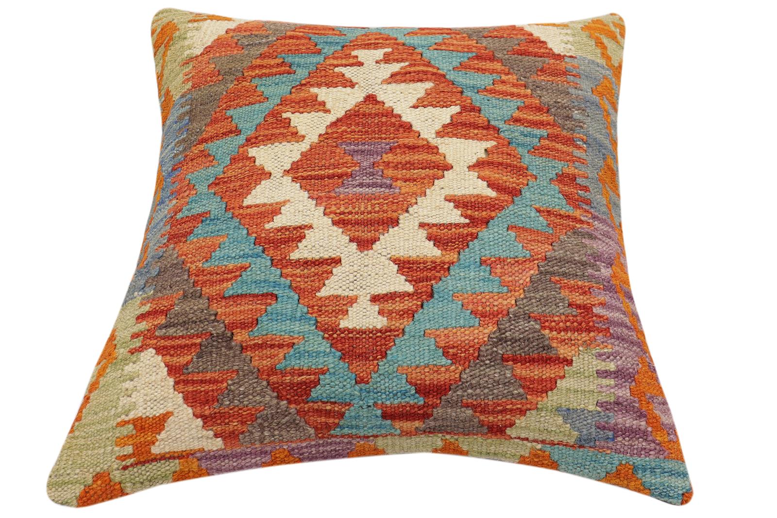handmade Traditional Pillow Rust Blue Hand-Woven SQUARE 100% WOOL Hand woven turkish pillow2 x 2