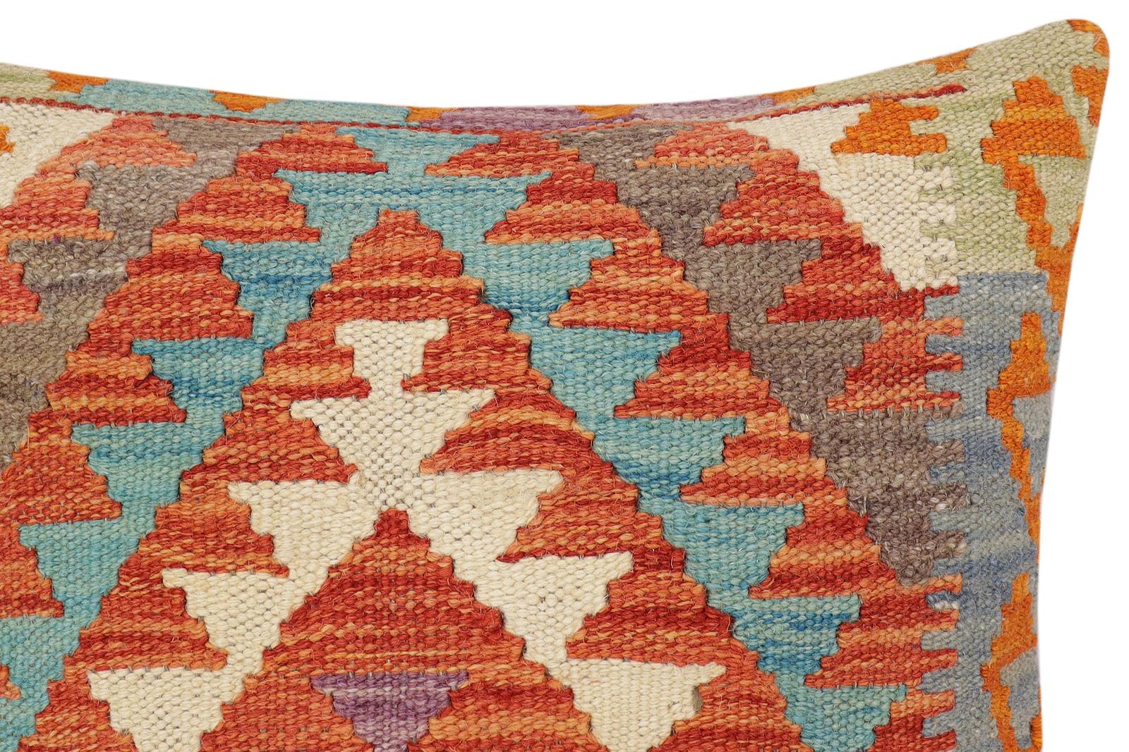 handmade Traditional Pillow Rust Blue Hand-Woven SQUARE 100% WOOL Hand woven turkish pillow2 x 2