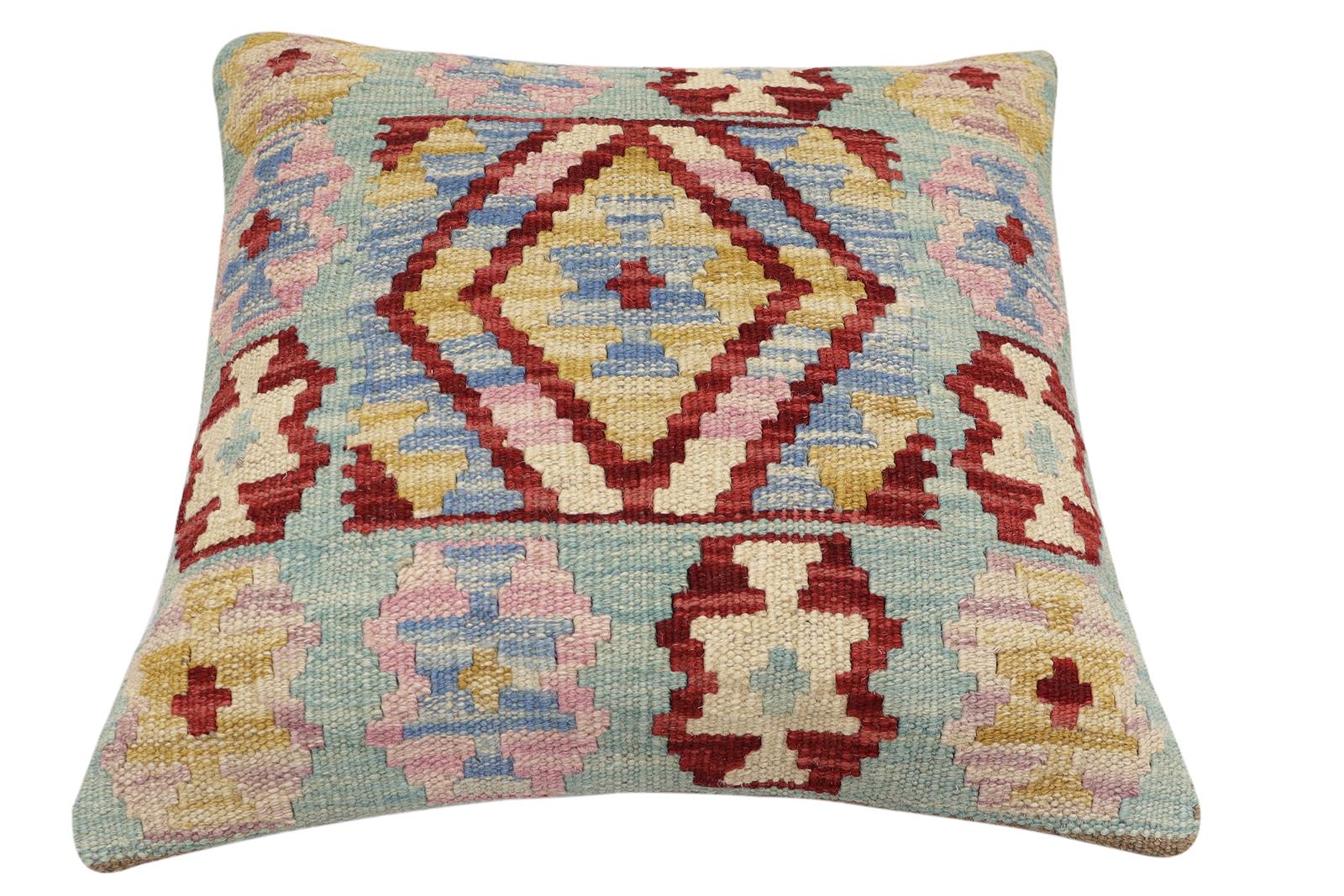handmade Traditional Pillow Blue Red Hand-Woven SQUARE 100% WOOL Hand woven turkish pillow2 x 2